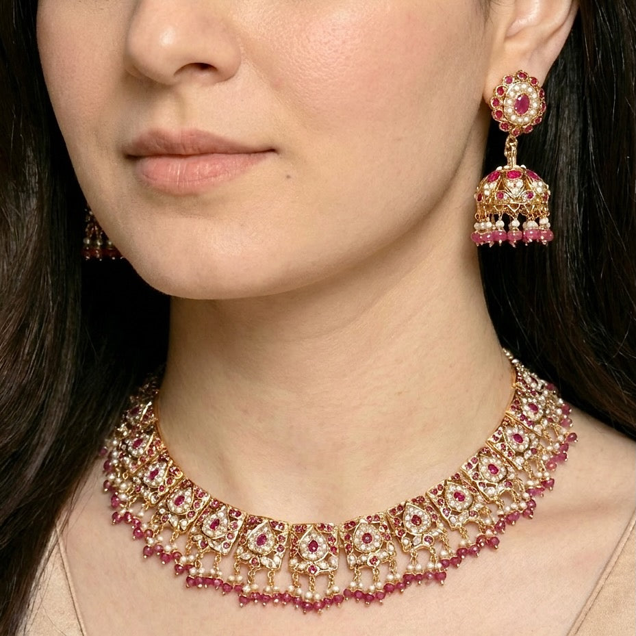 Sophisticated Jadau Necklace with Jhumka Earrings | Gold Plated on Silver NS 402