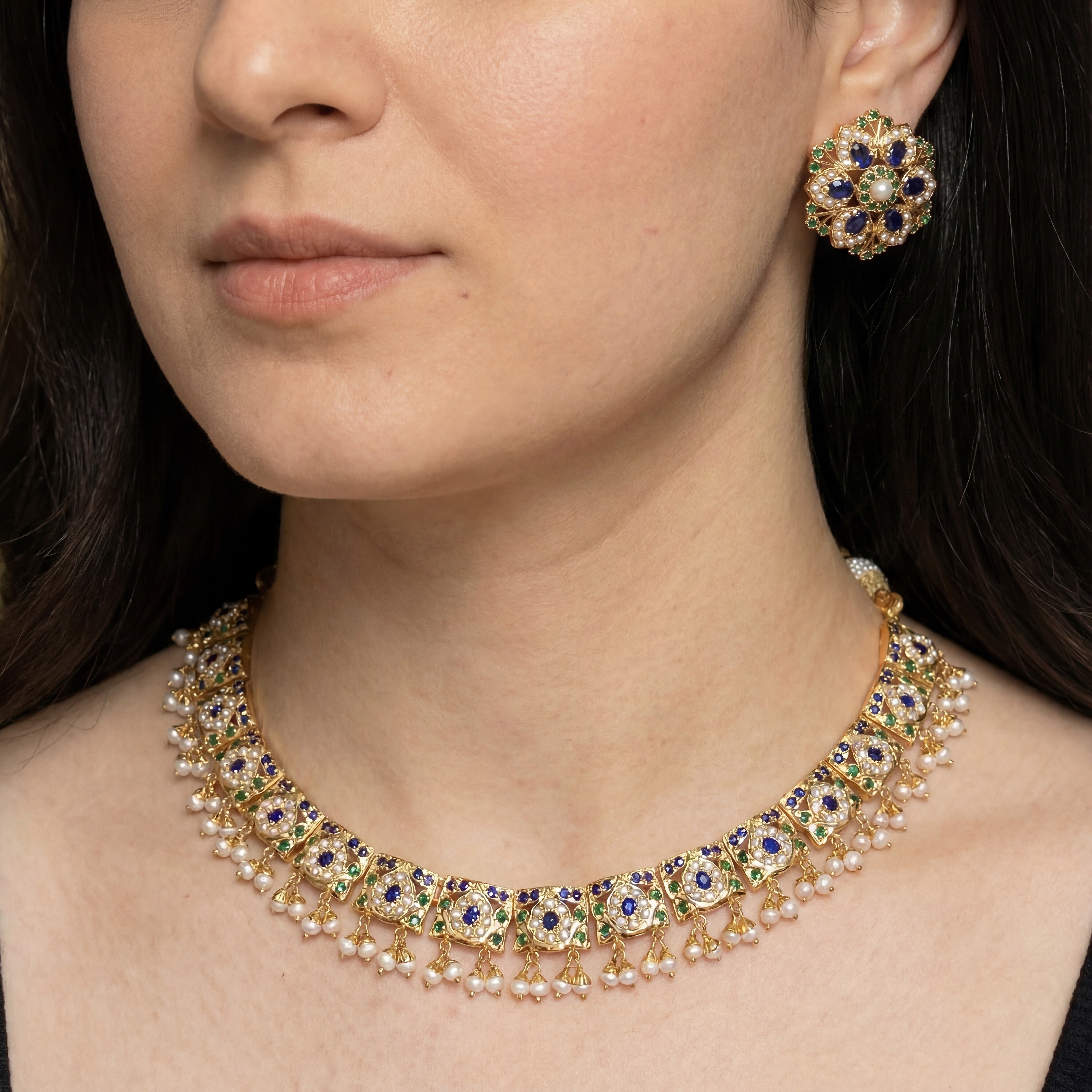 Simplistic Indian Necklace with Statement Studs | Sapphire-Emerald Combination NS 273