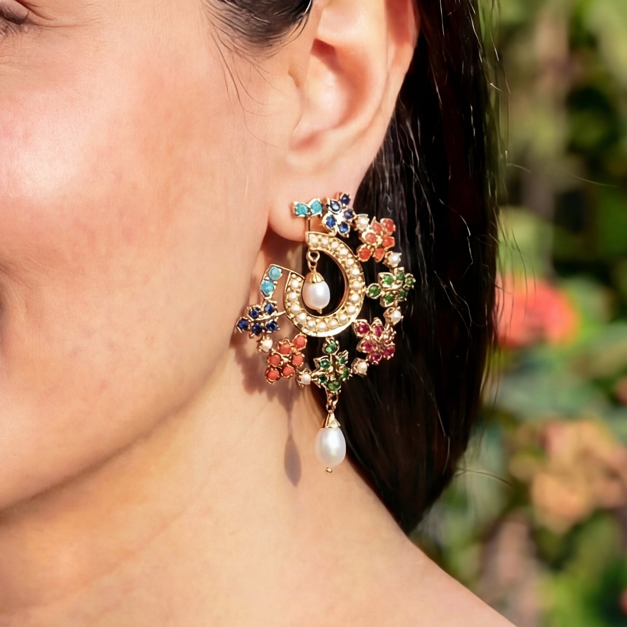 Navaratna Stud Earrings on Silver | Dainty Indo-western Earrings ER 441