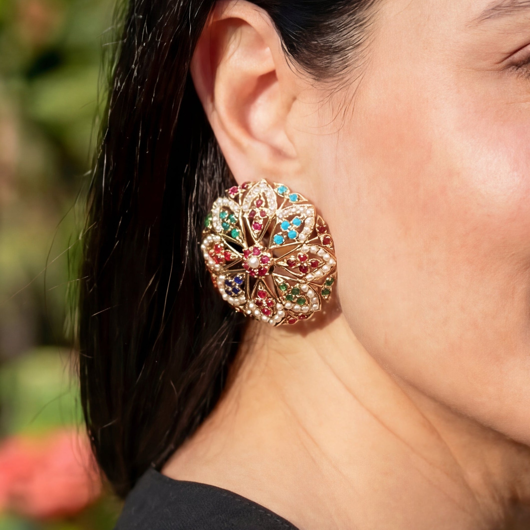 Statement Navaratna Studs | Large Round Tops For Women | Indian Silver Fashion Earrings ER 450