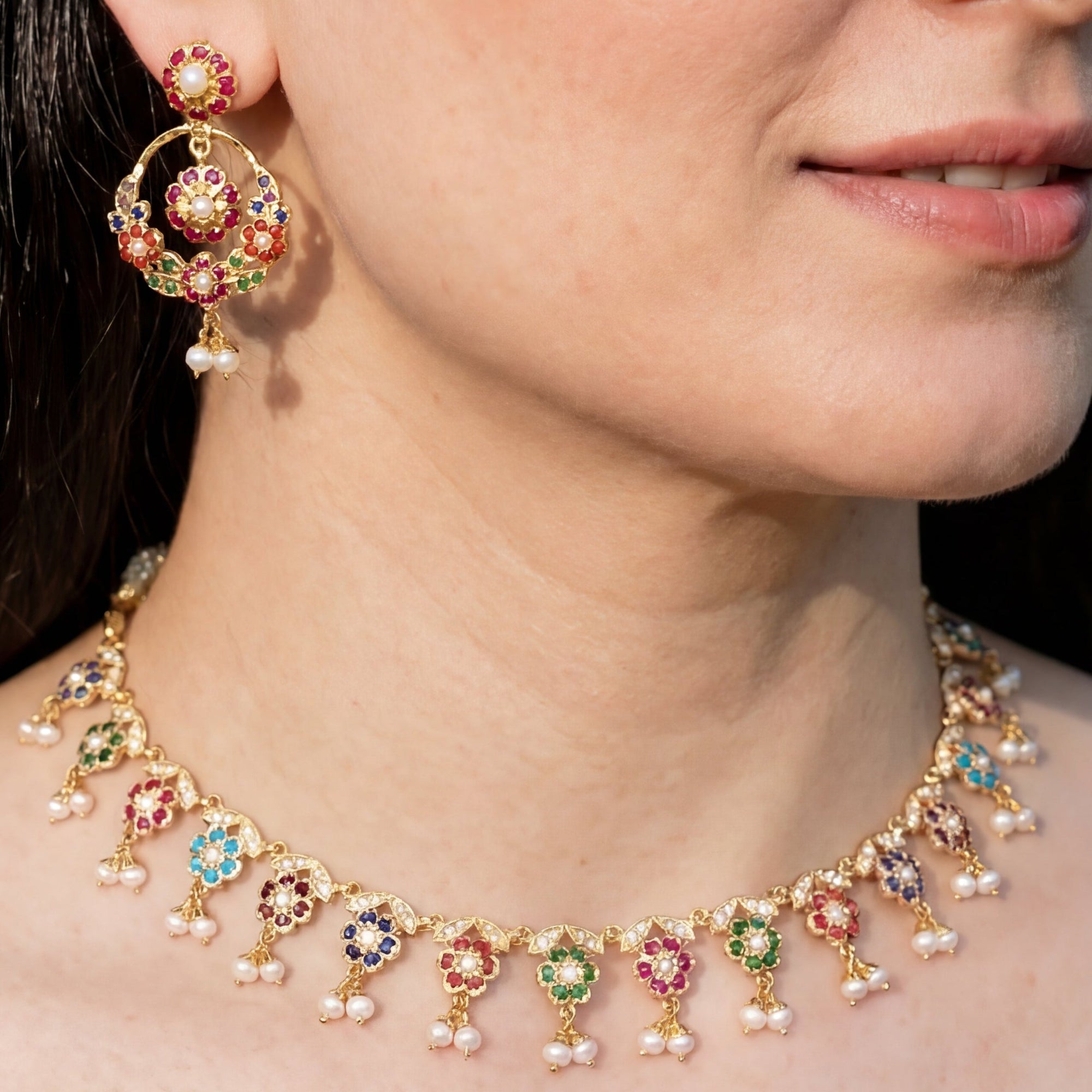 Elegant and Delicate Navaratna Set | Indian Navaratna Jewellery on Silver NS 196