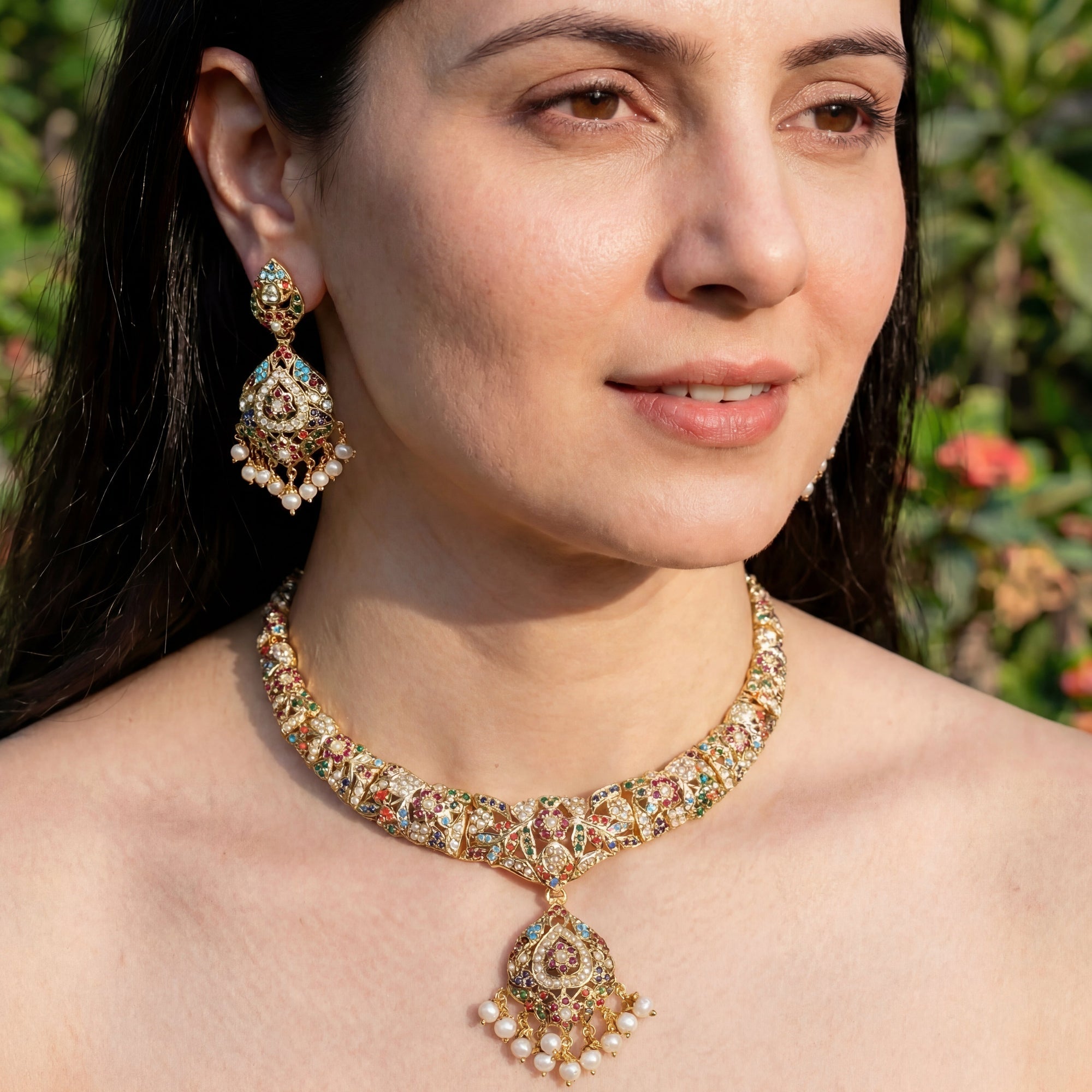 Navrattan Necklace Set | Fine Jadau Jewellery| Gold Plated Silver NS 063