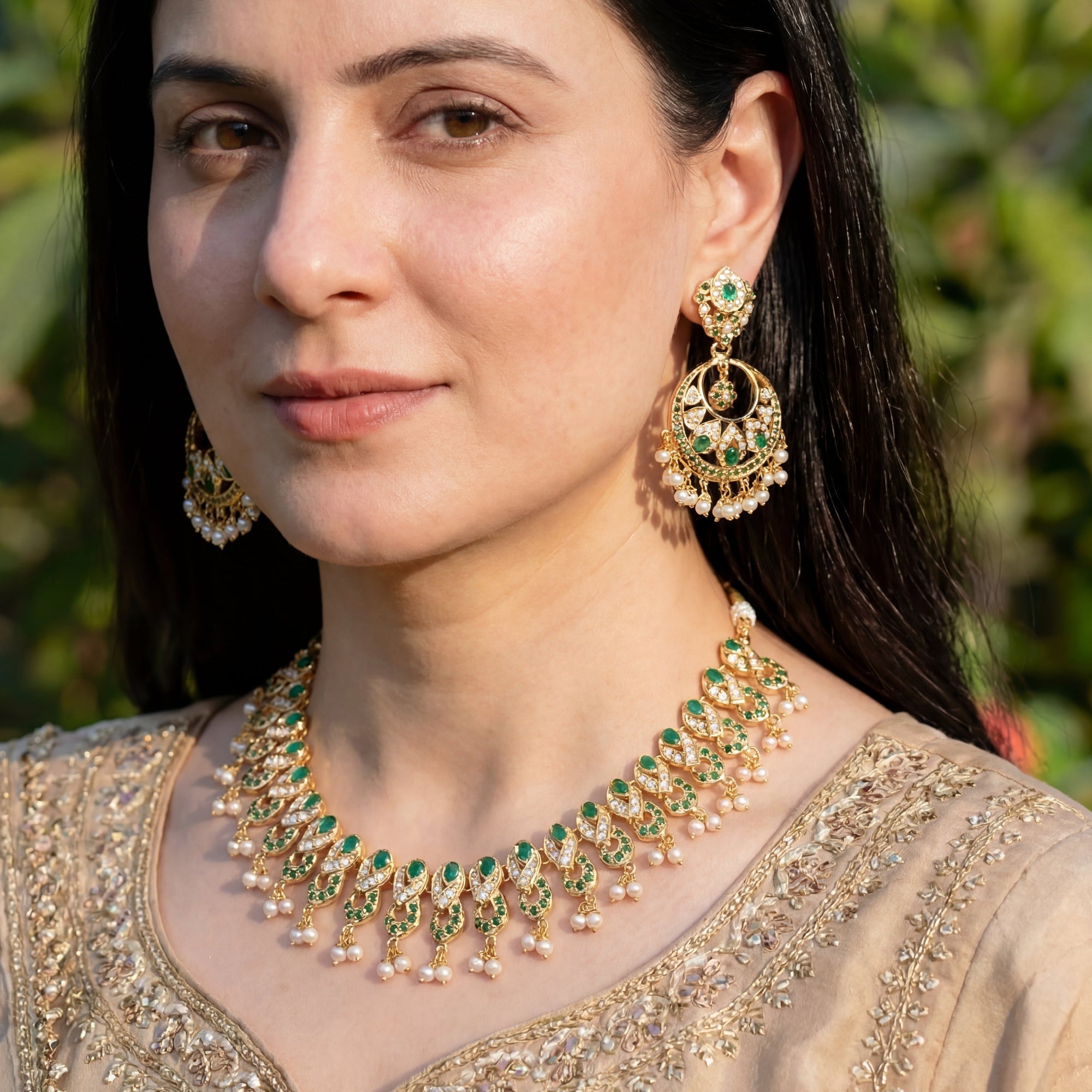 Silver Jewellery Set | Emerald Like Green Stones & Pearls NS 165