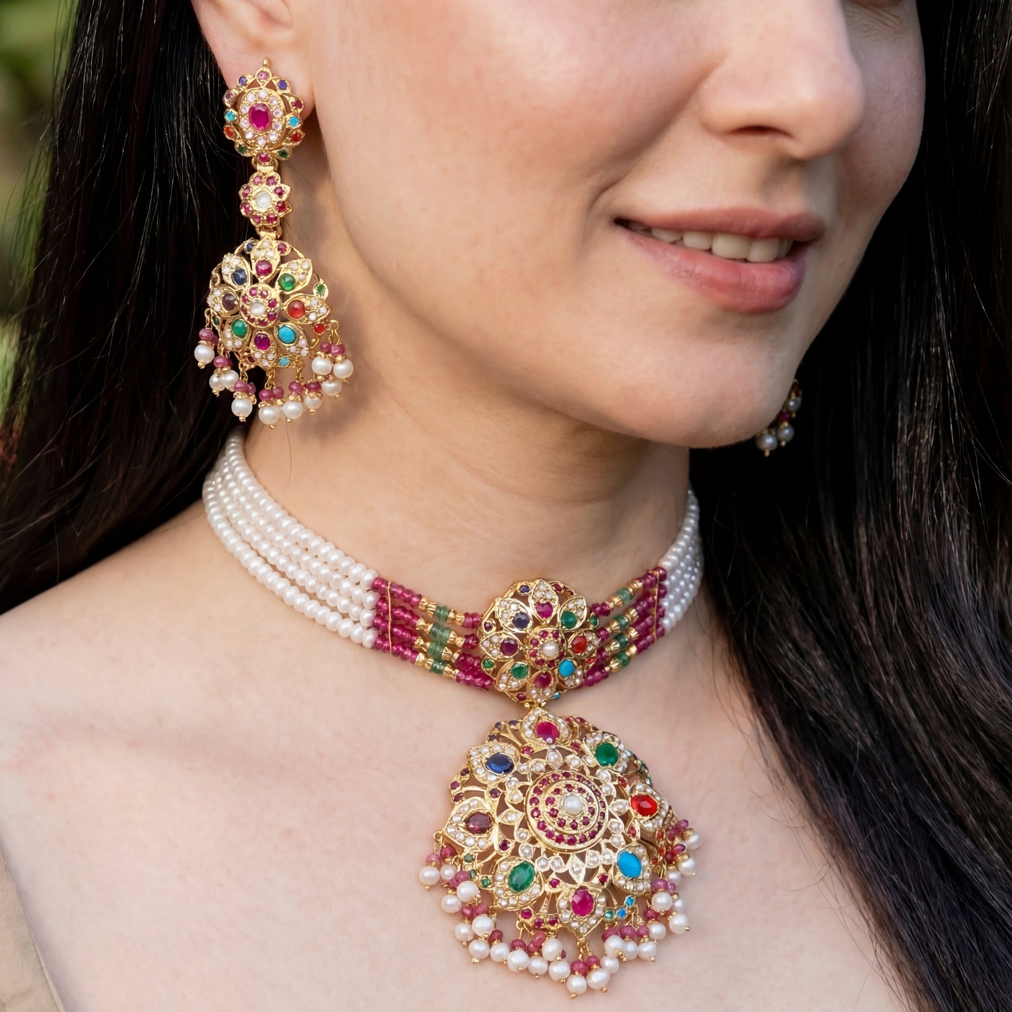 Layered Indian Navaratna Necklace & Earrings | Gold Plated on Sterling Silver Base NS 156