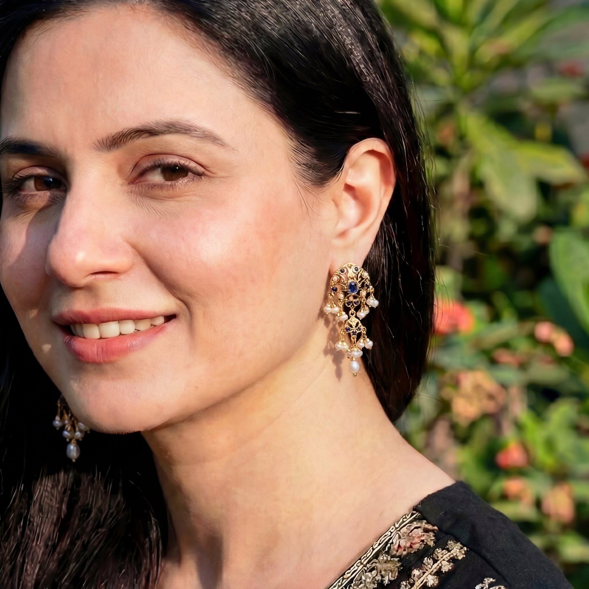 Ruby Red & Pearl Earrings | Gold Plated on Sterling Silver ER 596