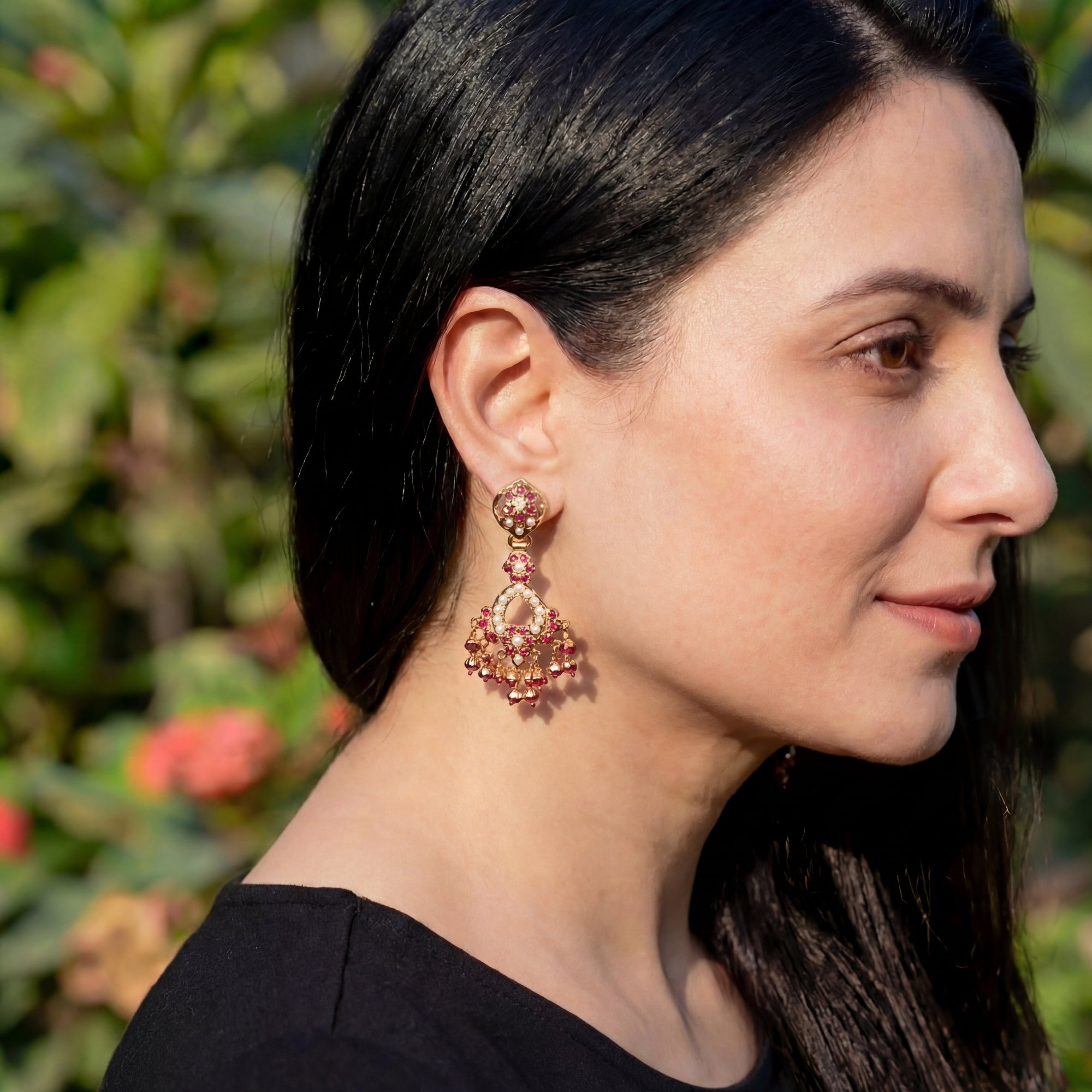 Dainty Ruby & Pearl Earrings | Small Jadau Earrings | Gold Plated ER 424