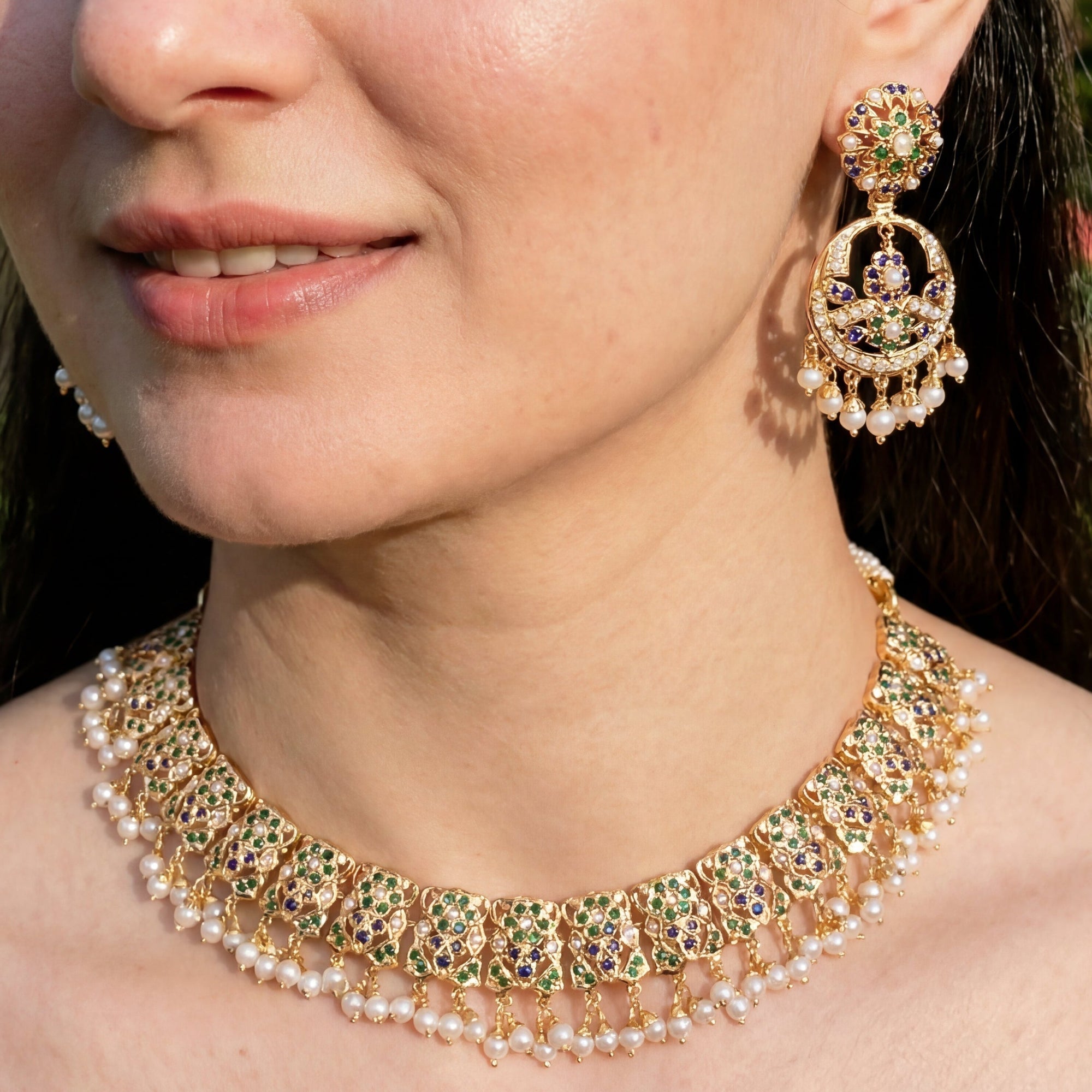 Emerald Sapphire Necklace Set | Buy Jadau Sets Online | Gold Plated NS 185