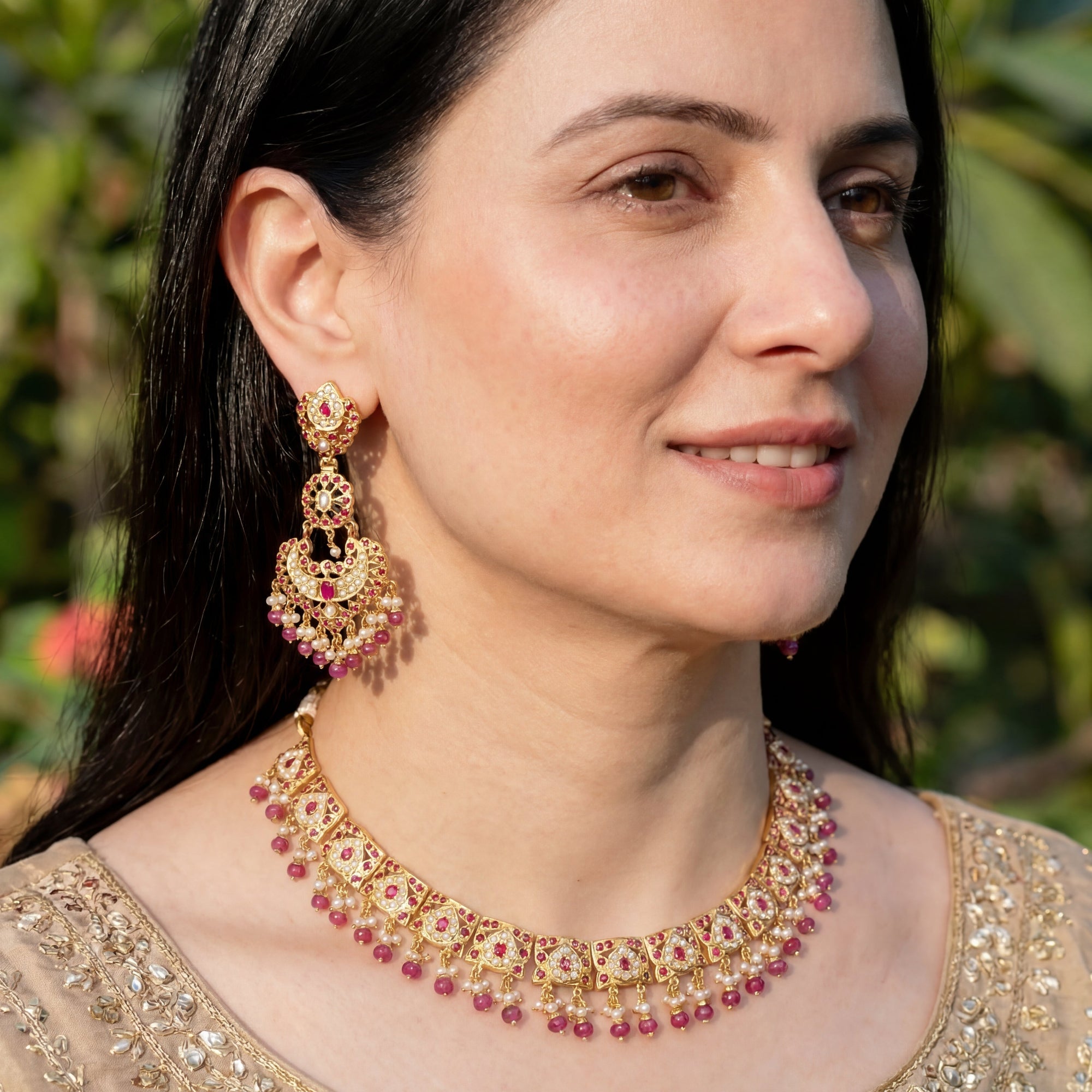 Ruby Necklace Set | Freshwater Pearls | Indian Jadau Jewelry NS 189