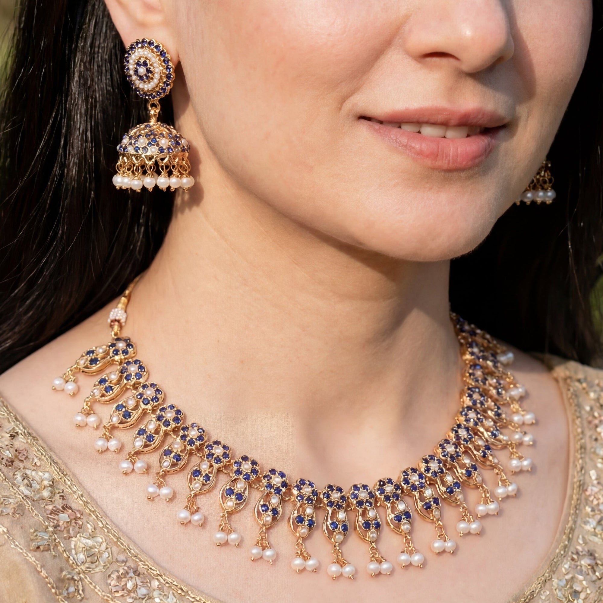 Classy Jadau Necklace Paired with Jhumkas | Gold Plated on Silver NS 437