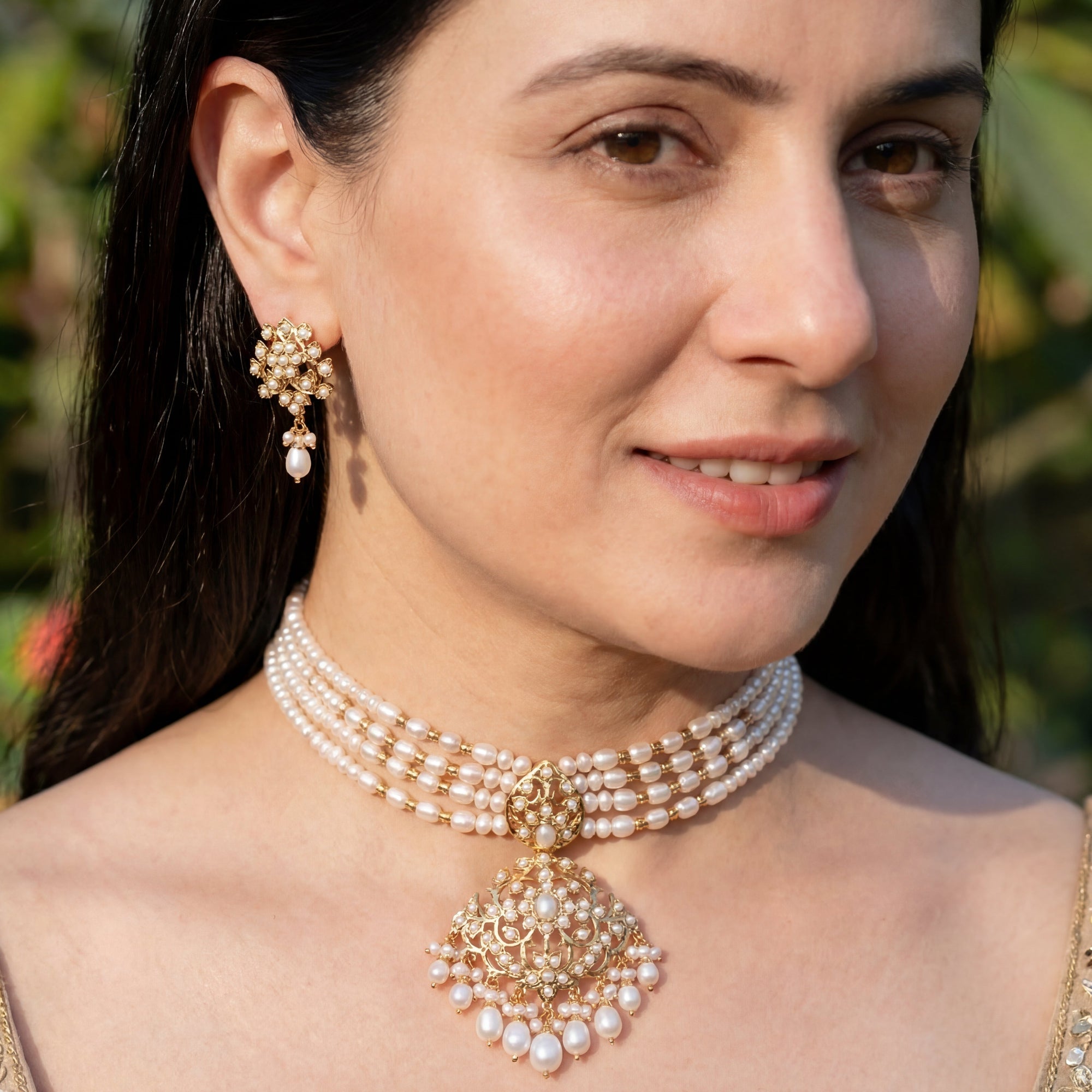 Sitarami Set in Freshwater Pearls | Gold Plated on Sterling Silver | Heritage Indian Jewelry NS 383