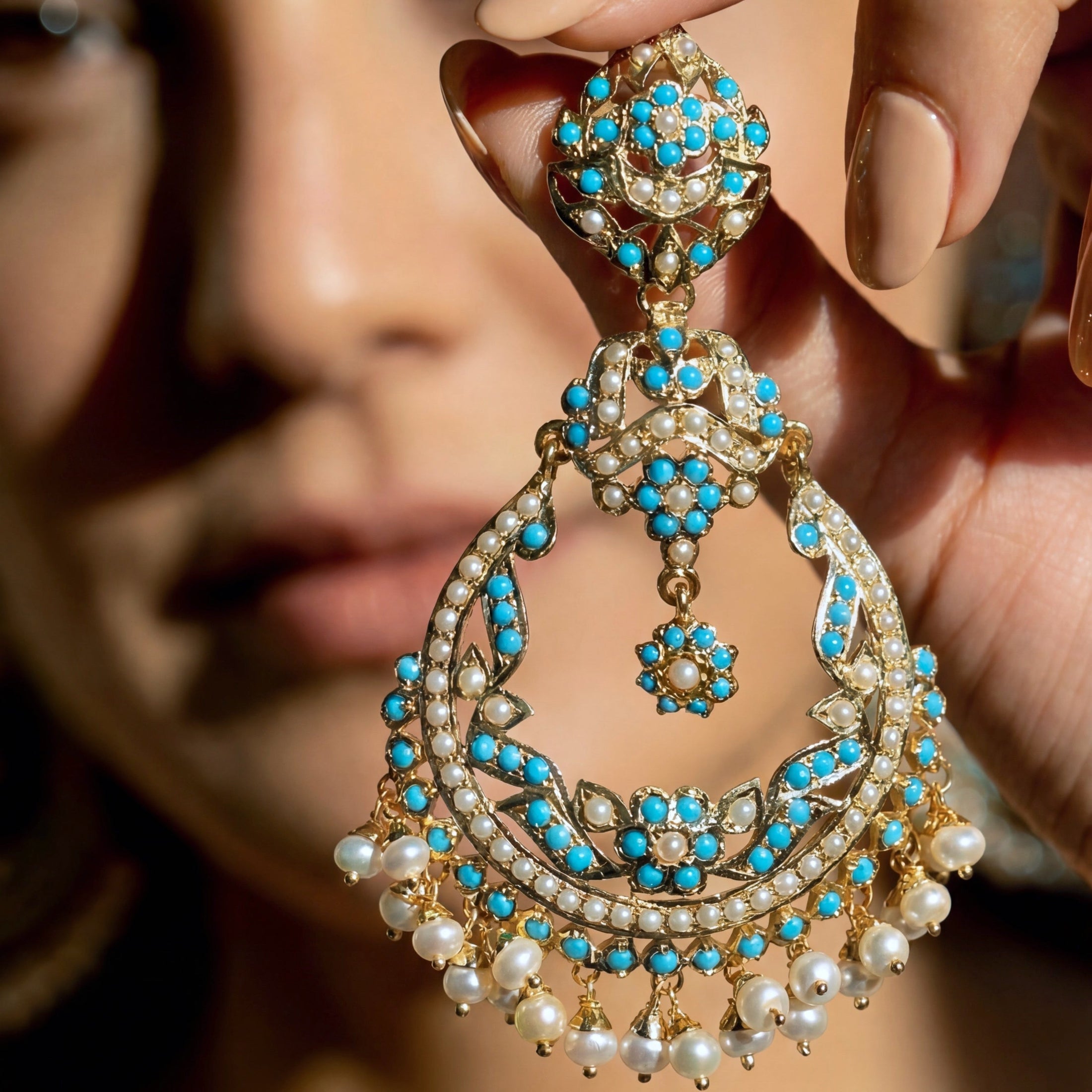 Long Feroza Chandbali Earrings | Antique Style Design | Gold Plated Jewelry For Women ER 053
