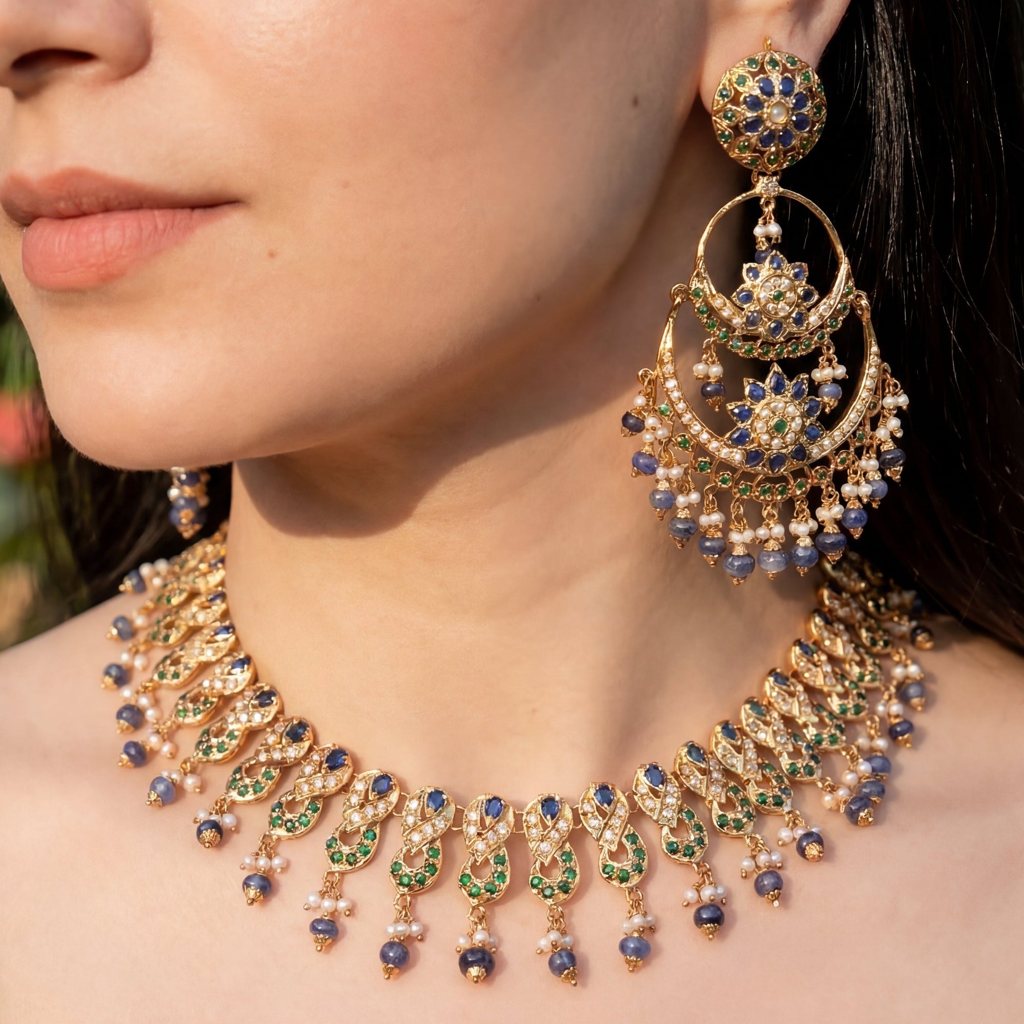 Gold Plated Multicoloured Jadau Necklace Set | Blue Sapphires NS 168