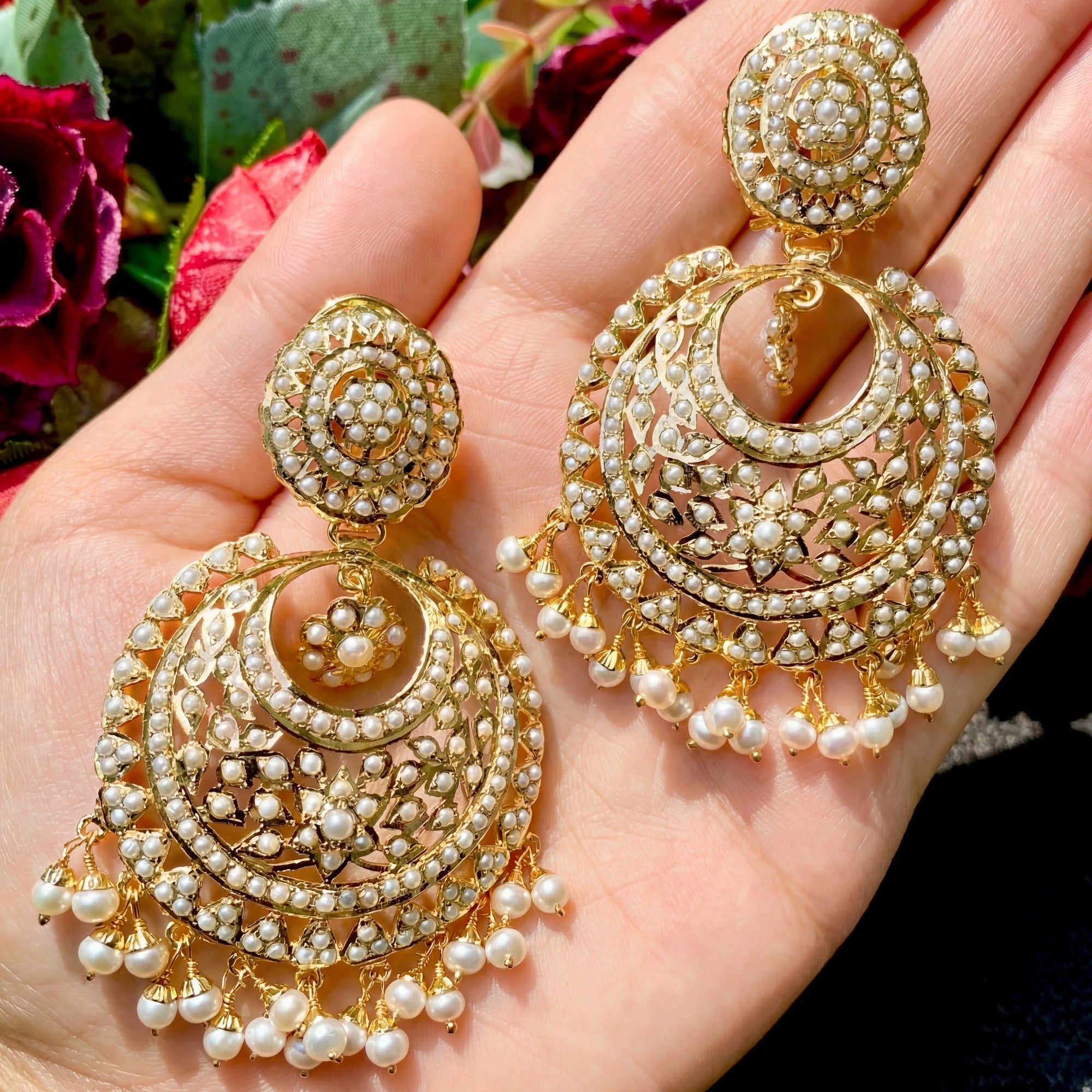 Big Gold Plated Pearl Chandbali Earrings | Drop & Dangle | Freshwater Pearls ER 084