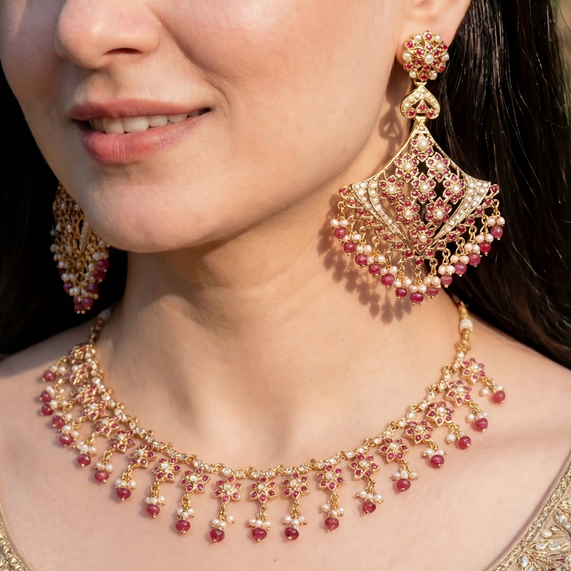 Dainty Necklace with Statement Earrings | Fashion Jadau Set on Silver NS 328
