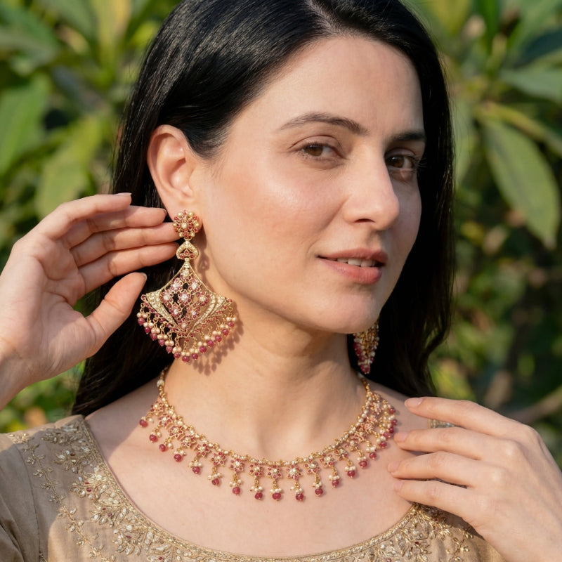 Dainty Necklace with Statement Earrings | Fashion Jadau Set on Silver NS 328