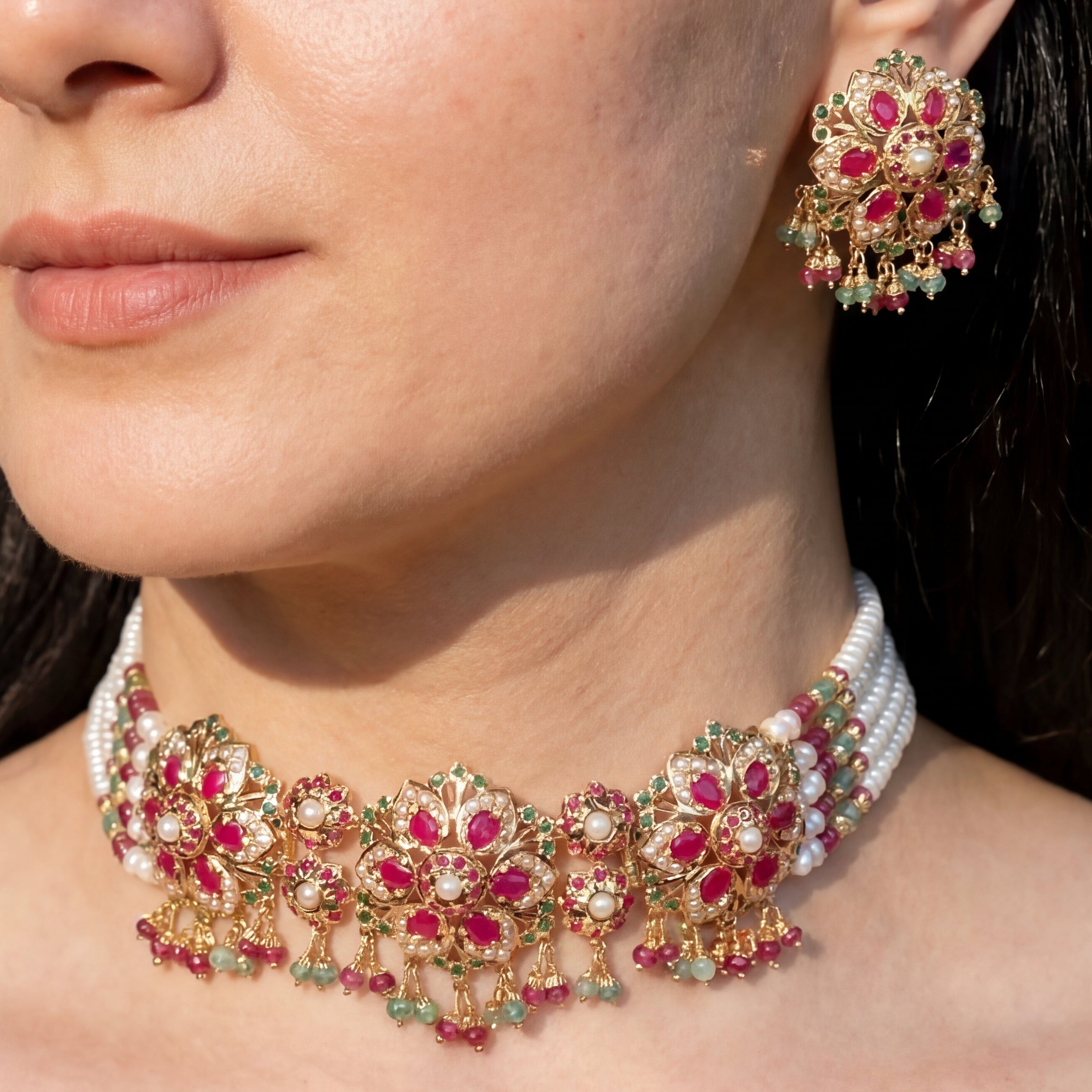 Exquisite Gold Plated Jadau Choker Set | Sterling Silver Base | Mix of Precious & Non Precious Stones NS 398