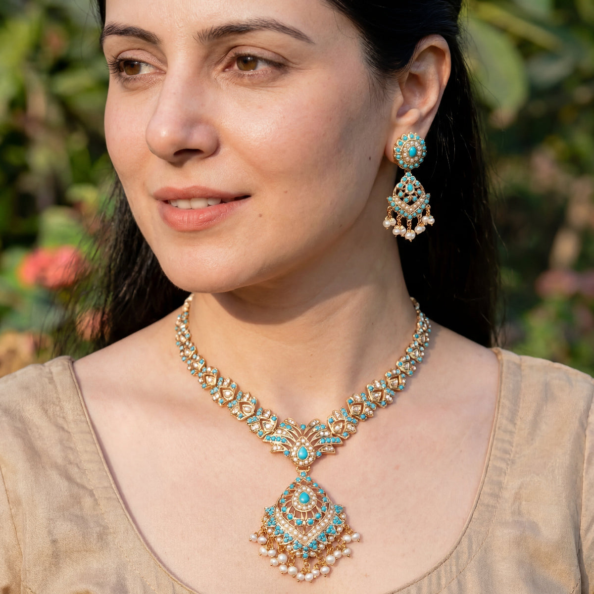Fine Silver Jewelry Online | Indian Necklace Set | Real Pearl & Firoza Set NS 169