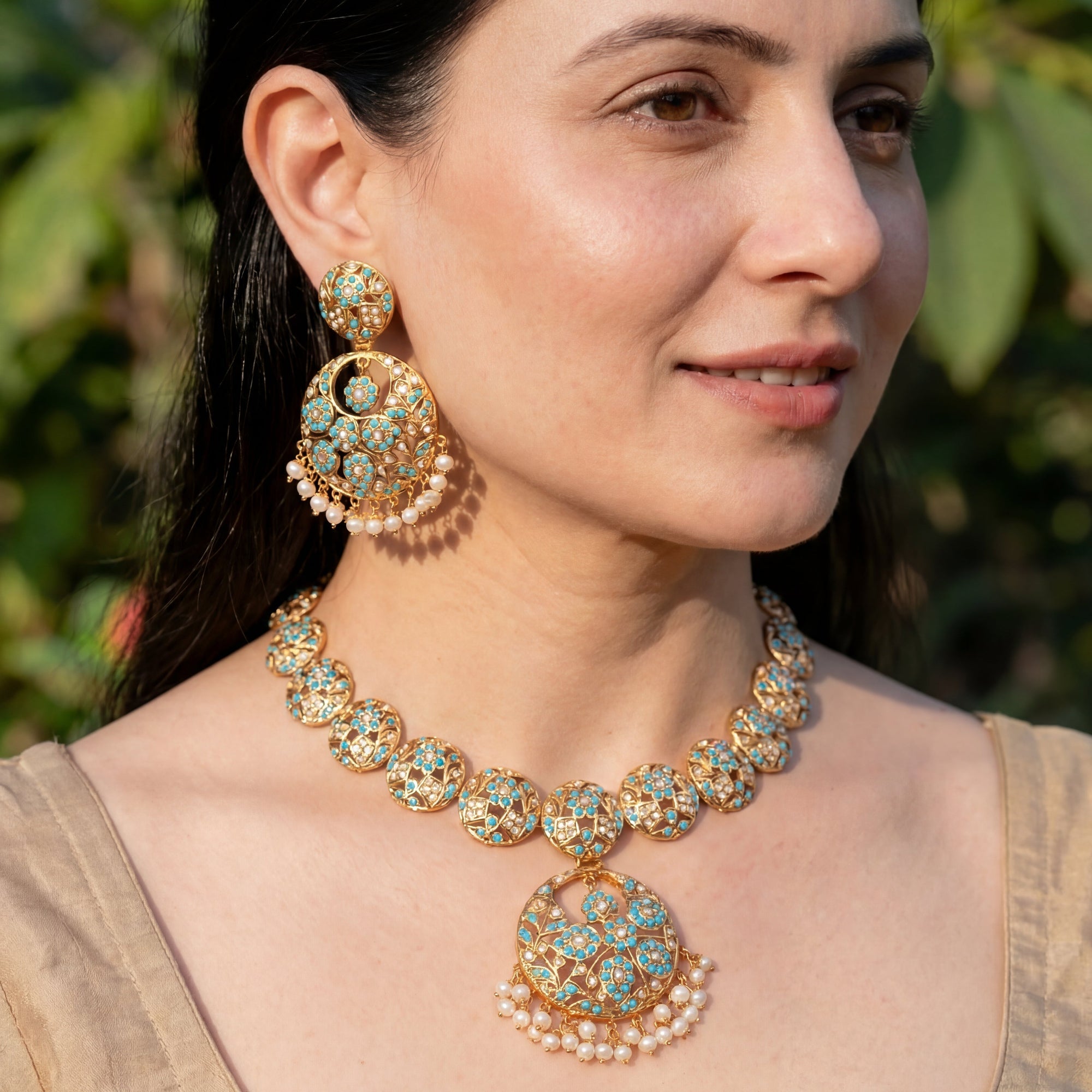 Floral Feroza and Pearl Necklace with Chandbali Earrings | Firoza Necklace Set NS 242