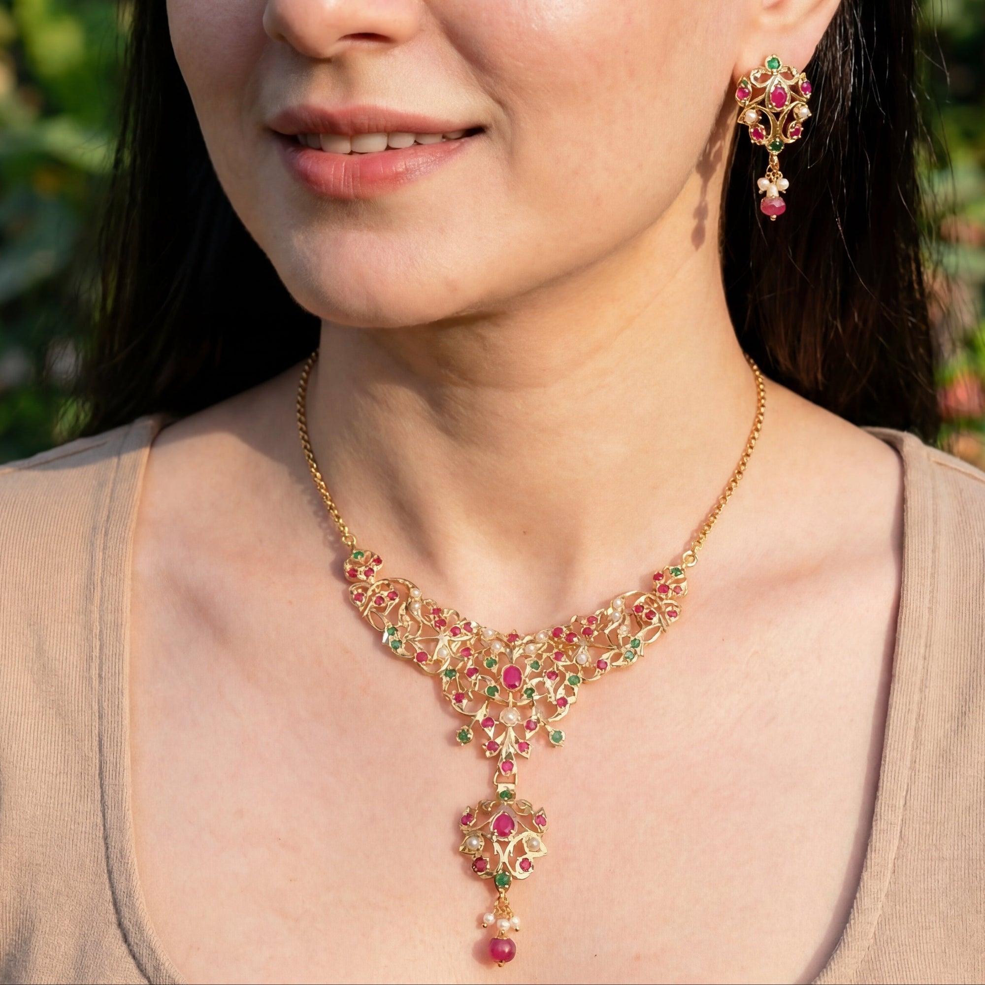 Antique Styled Jadau Chain Necklace Set | Gold Plated on 925 Silver NS 443