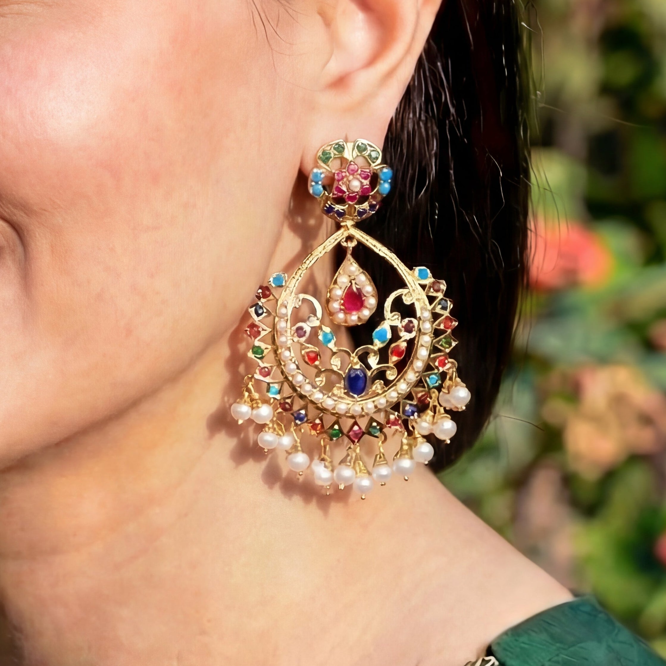 Gold Plated Navaratna Chandbali Earrings for Women | Buy Jadau Earrings Online ER 347