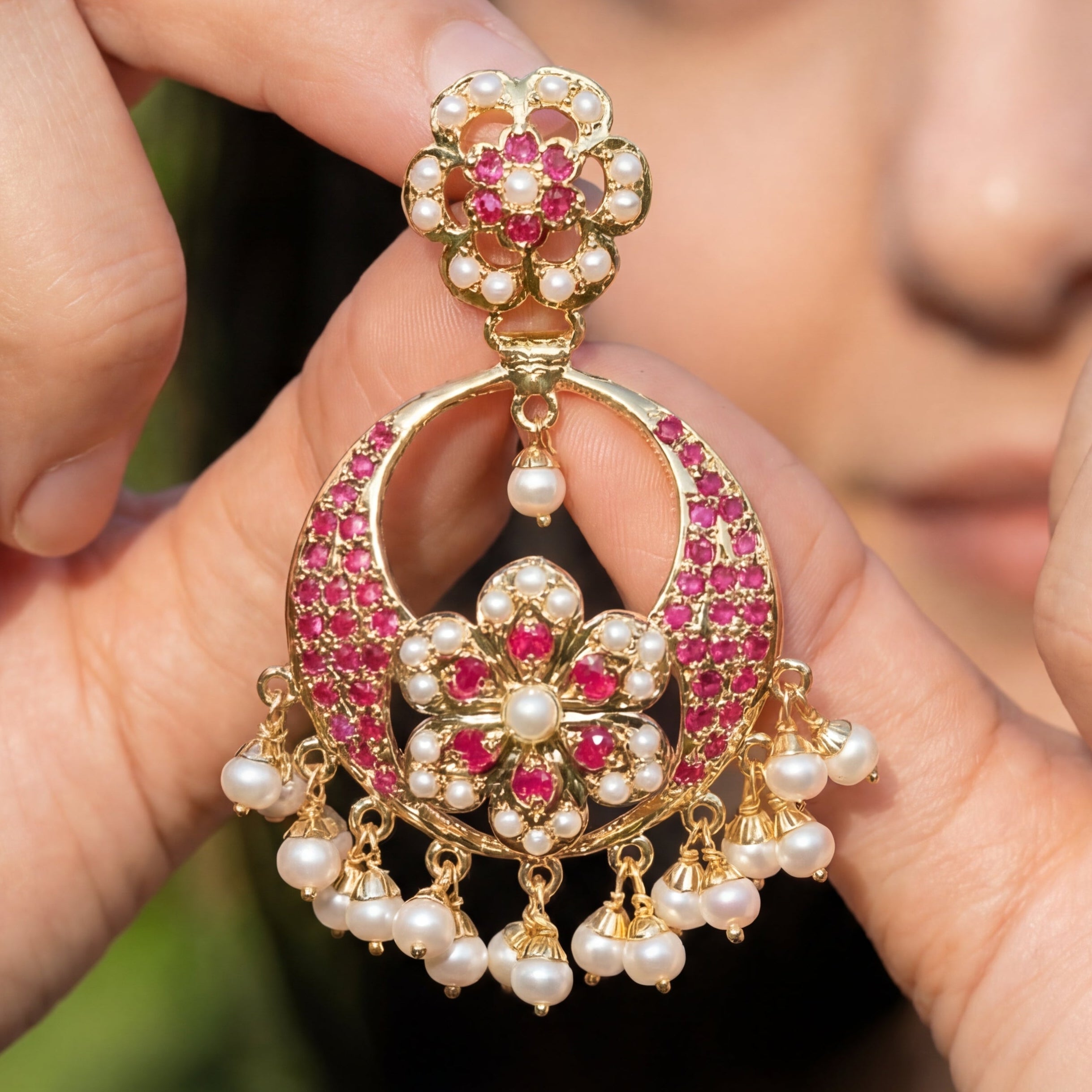 Chandbali / Brijbala Earrings in Silver with 22K Gold Plated Studded with Ruby & Pearl ER 219