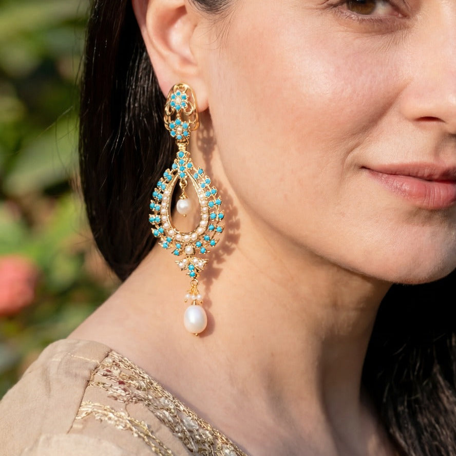 Gold Plated Earrings | Feroza & Pearl on 925 Sterling Silver | Indo-Western Design ER 400