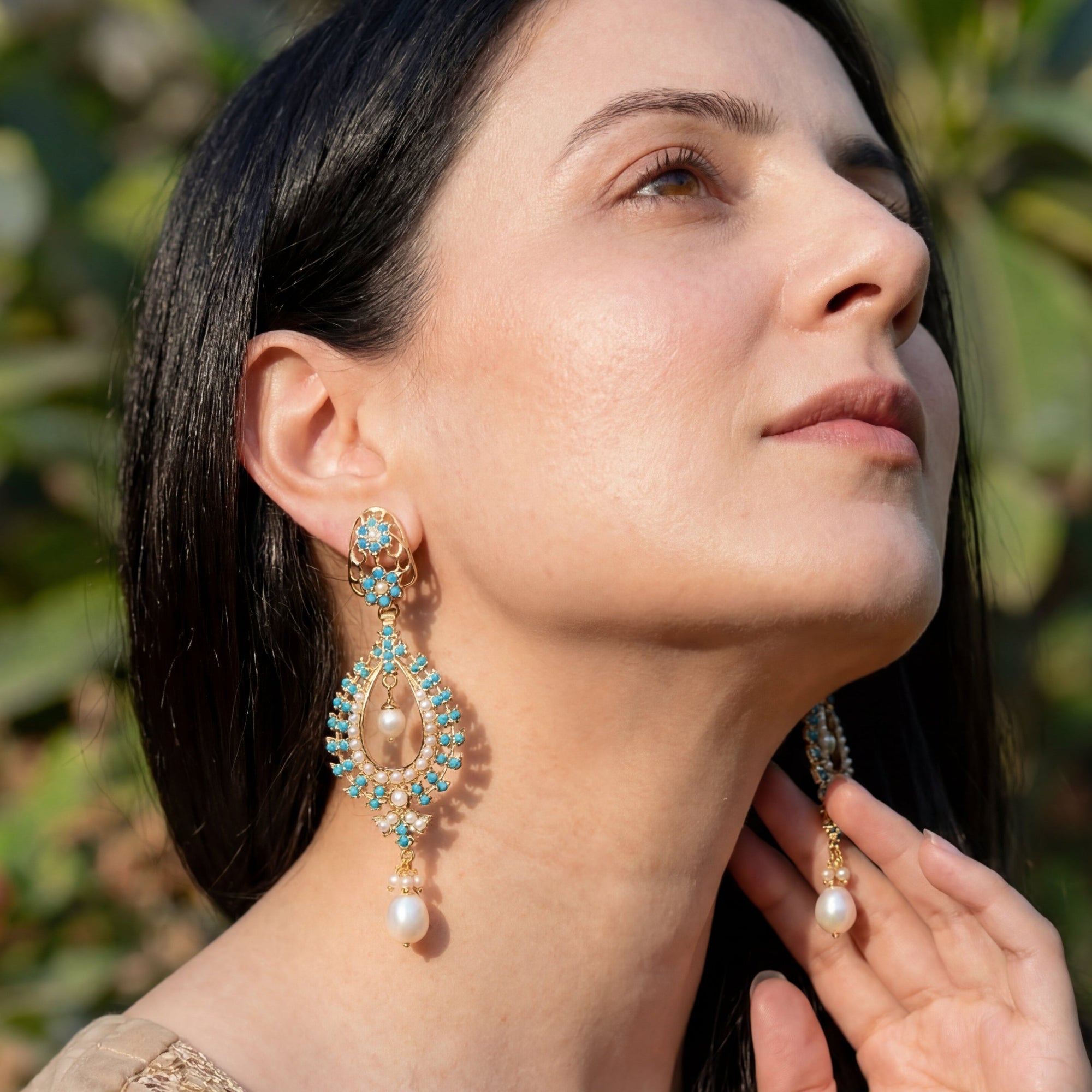 Gold Plated Earrings | Feroza & Pearl on 925 Sterling Silver | Indo-Western Design ER 400