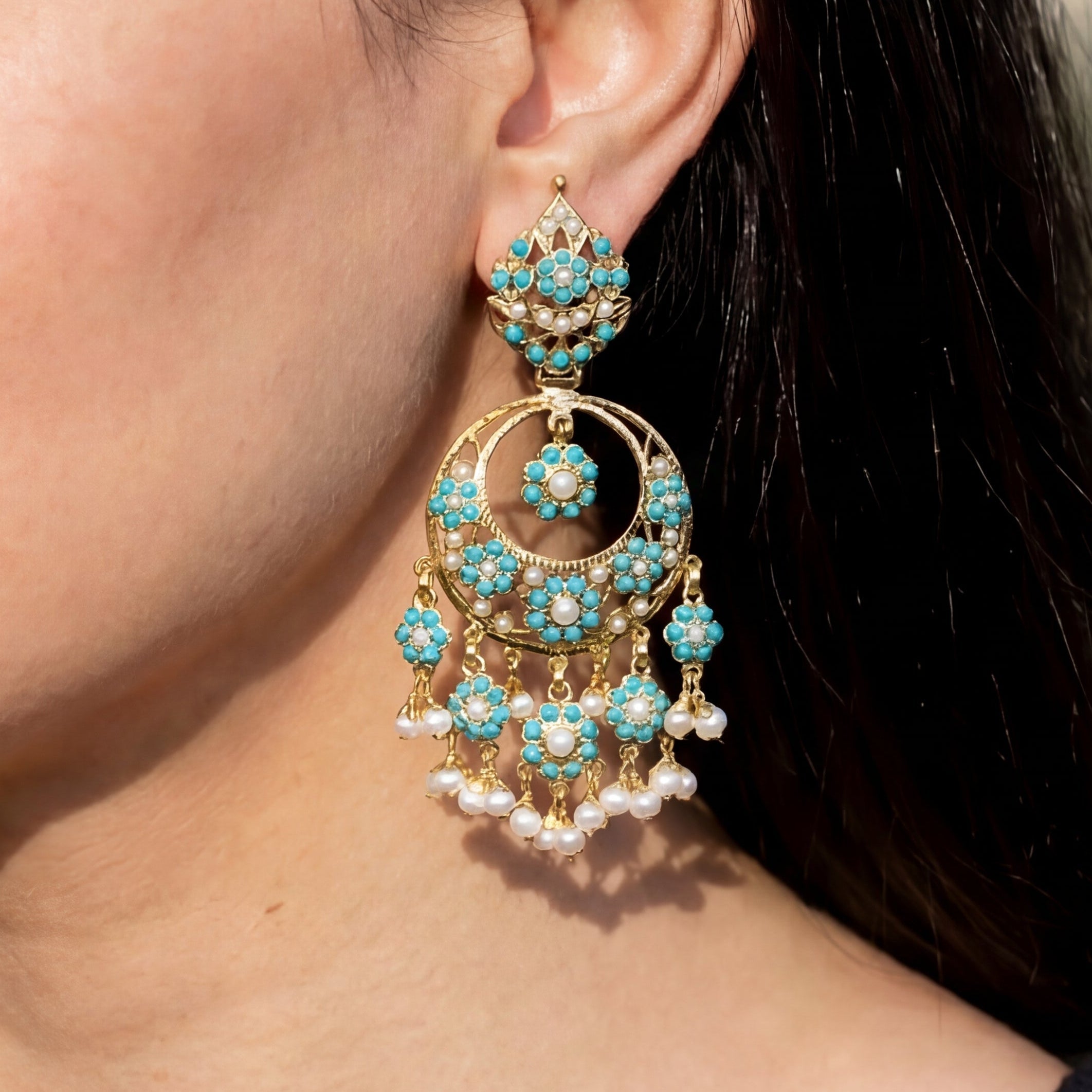 Long Indian Feroza Chandbali Earrings | Gold Platedon Sterling Silver ER 144