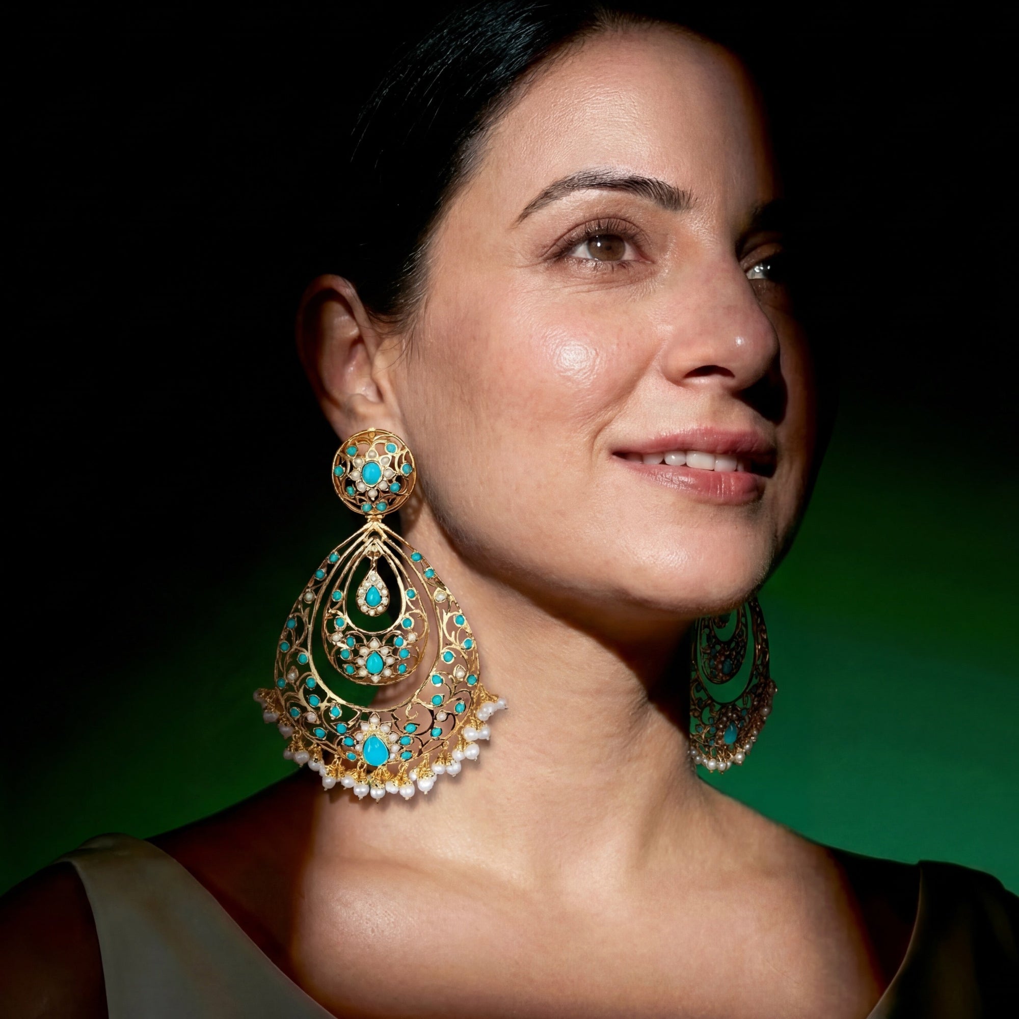 Large Drop Shaped Pearl and Feroza Earrings | Gold Plated on Silver ER 159
