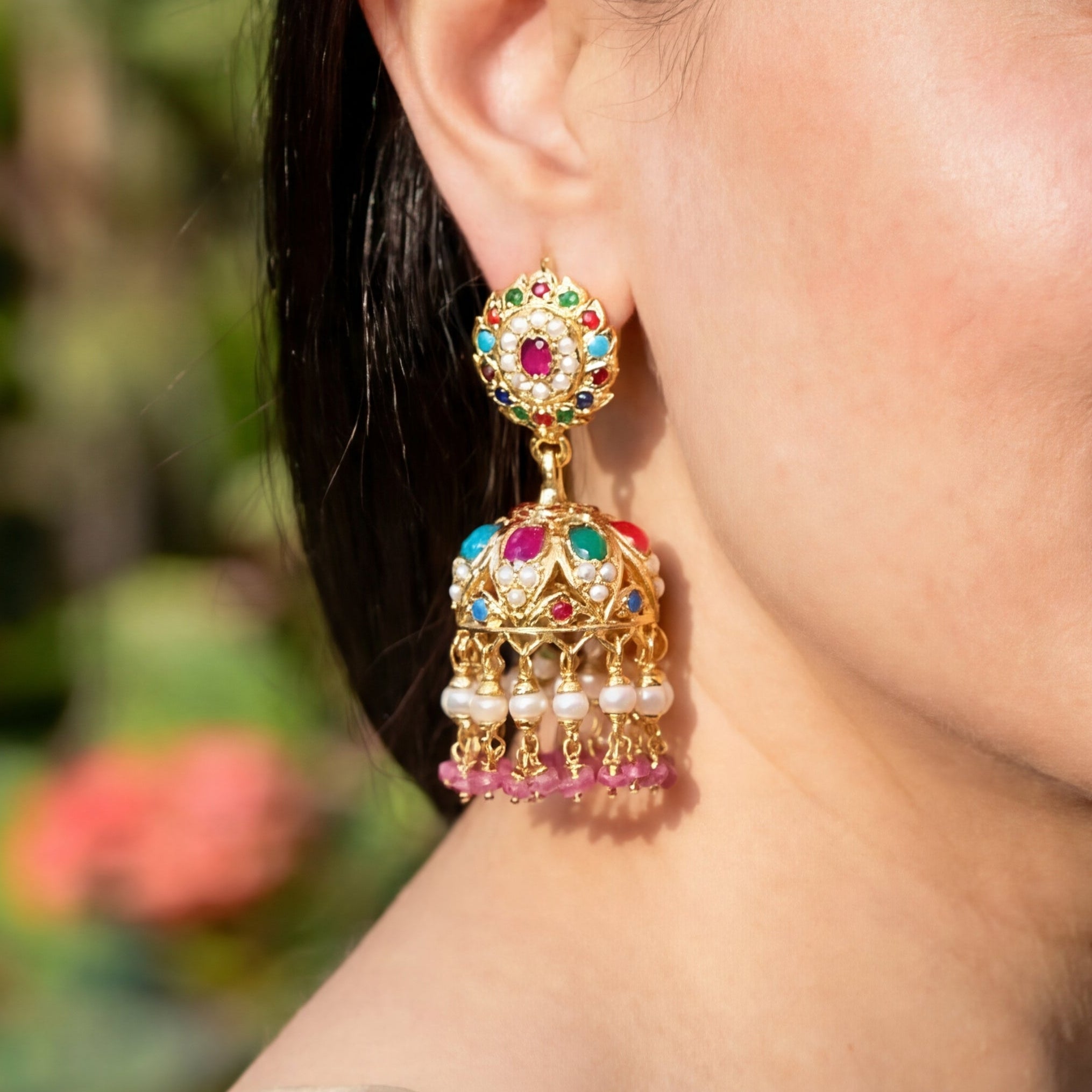 Gold Plated Navaratna Jhumka Earrings in Silver made with Jadau Technique ER 139