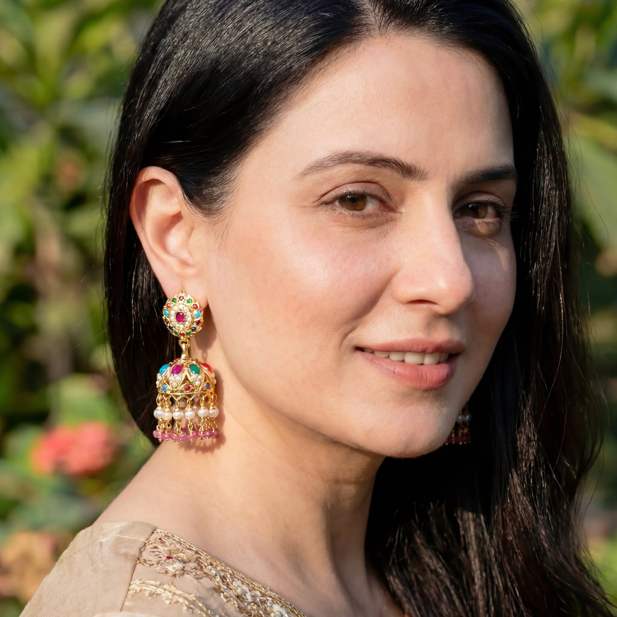 Gold Plated Navaratna Jhumka Earrings in Silver made with Jadau Technique ER 139