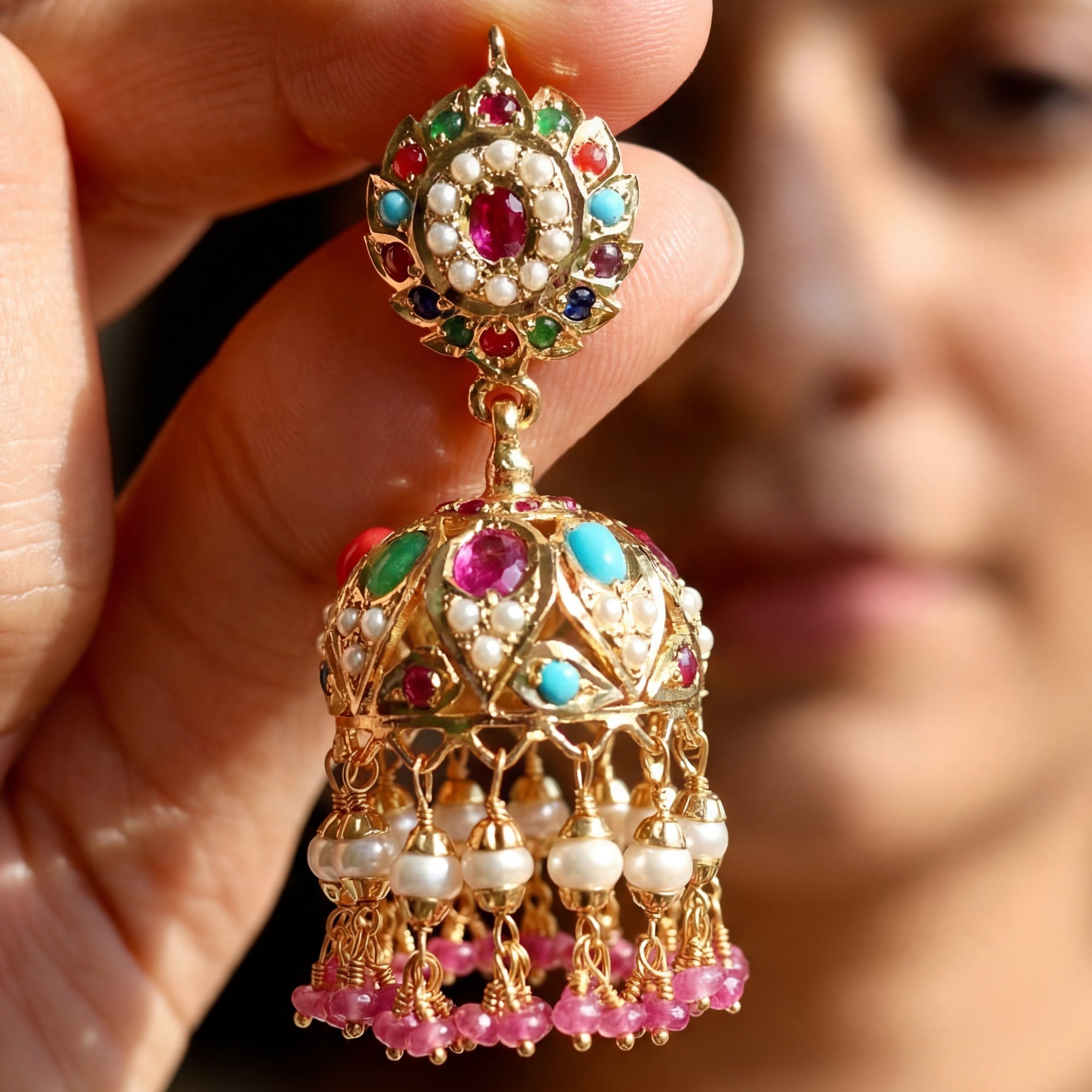 Gold Plated Navaratna Jhumka Earrings in Silver made with Jadau Technique ER 139