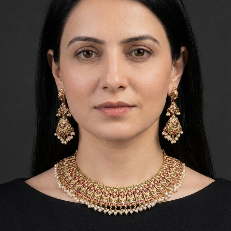 Traditional Jadau Necklace | Bridal Jadau Guluband | Indian Fashion Jewellery on Silver NS 352