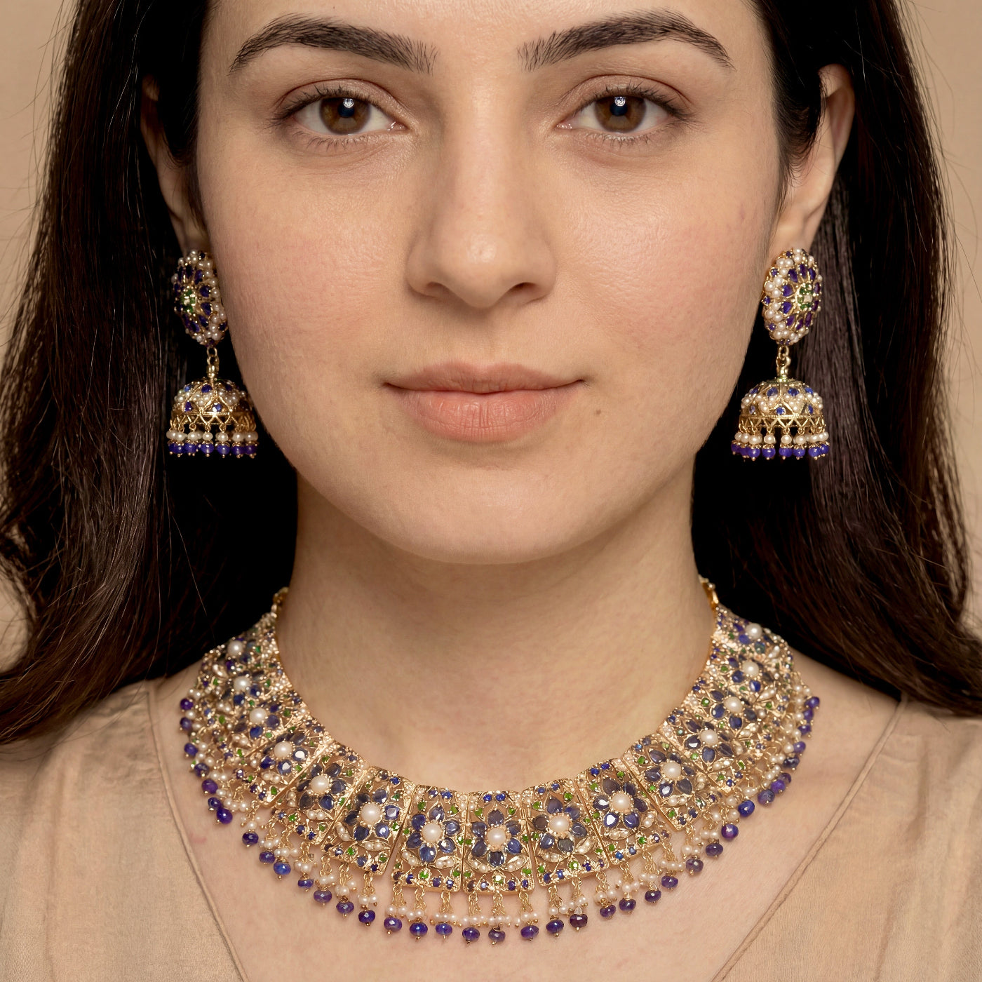 Alluring Jadau Necklace with Jhumka Earrings | Gold Plated on Silver NS 400