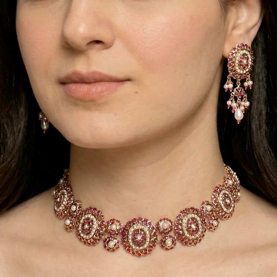 Ruby & Pearl Choker Set | Gold Plated Silver Jewelry Online NS 433
