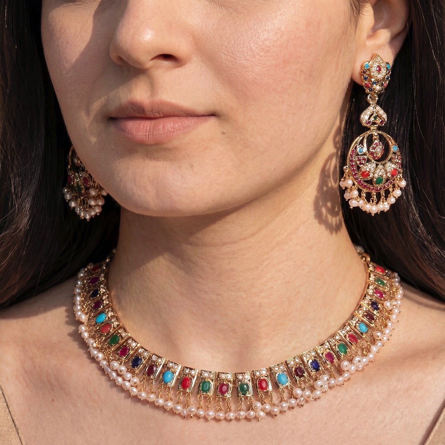 Classic Navratna Necklace with Long Chandbali Earrings | Gold Plated on Silver NS 422