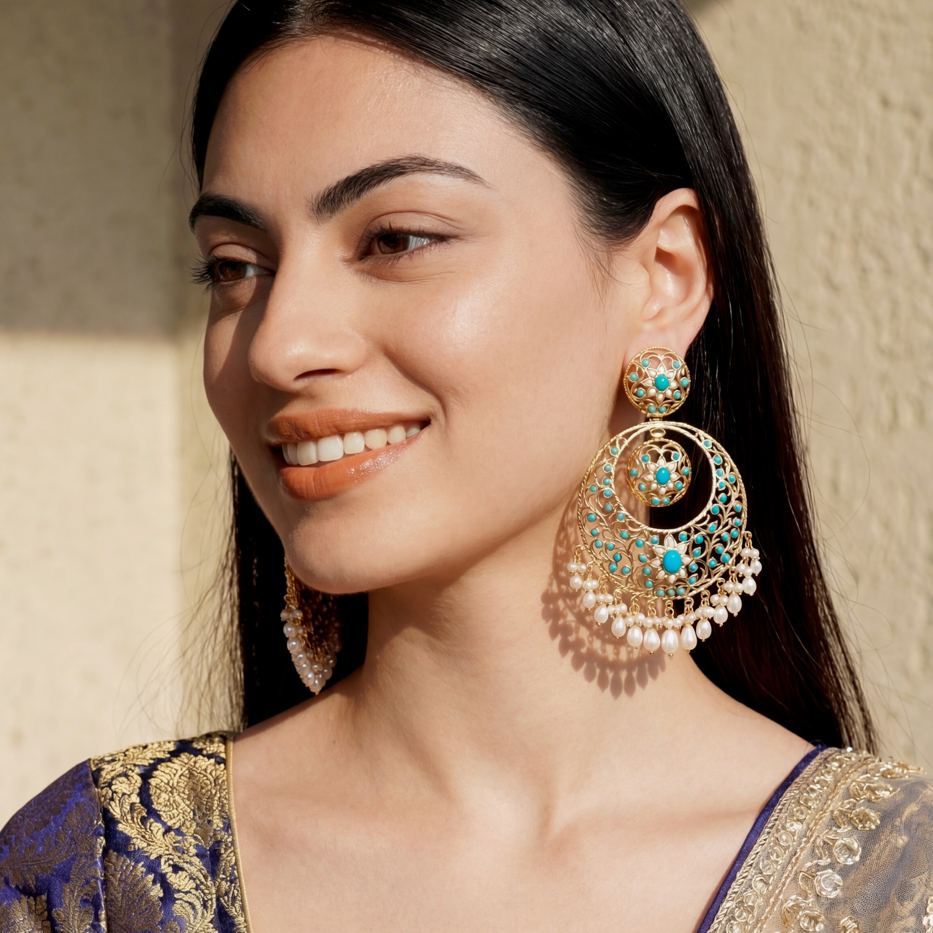 Large Jadau Chandbali Earrings | Statement Indian Fashion Jewelry on Silver ER 004