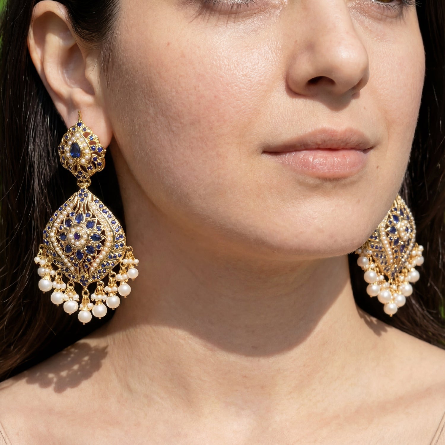 Gold Plated earrings on 925 Silver in Sapphire Pearl Combination ER 296