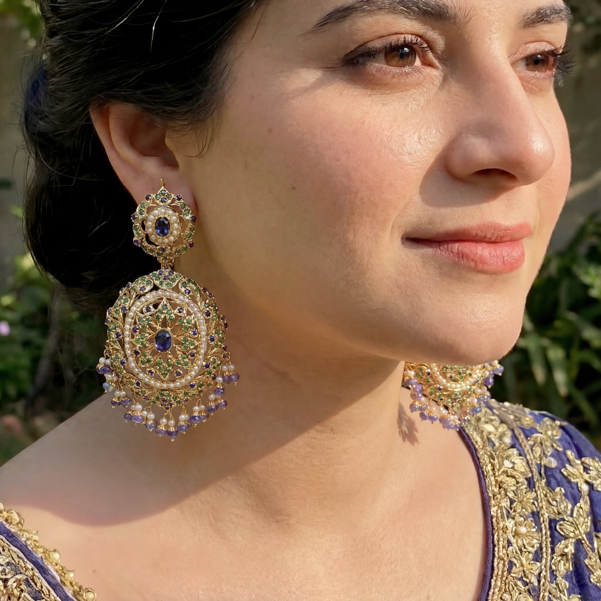 Emerald Sapphire Pearl Earrings in Gold Plated Silver ER 297