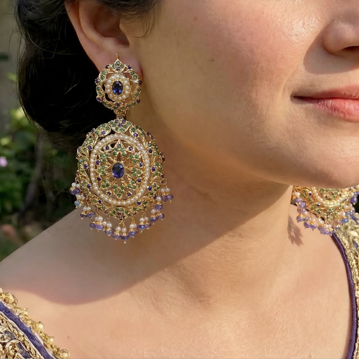 Emerald Sapphire Pearl Earrings in Gold Plated Silver ER 297