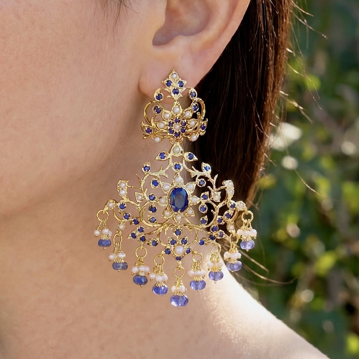 Edwardian Styled Earrings | Blue Sapphire & Pearls | Fusion Jewelry ER 279