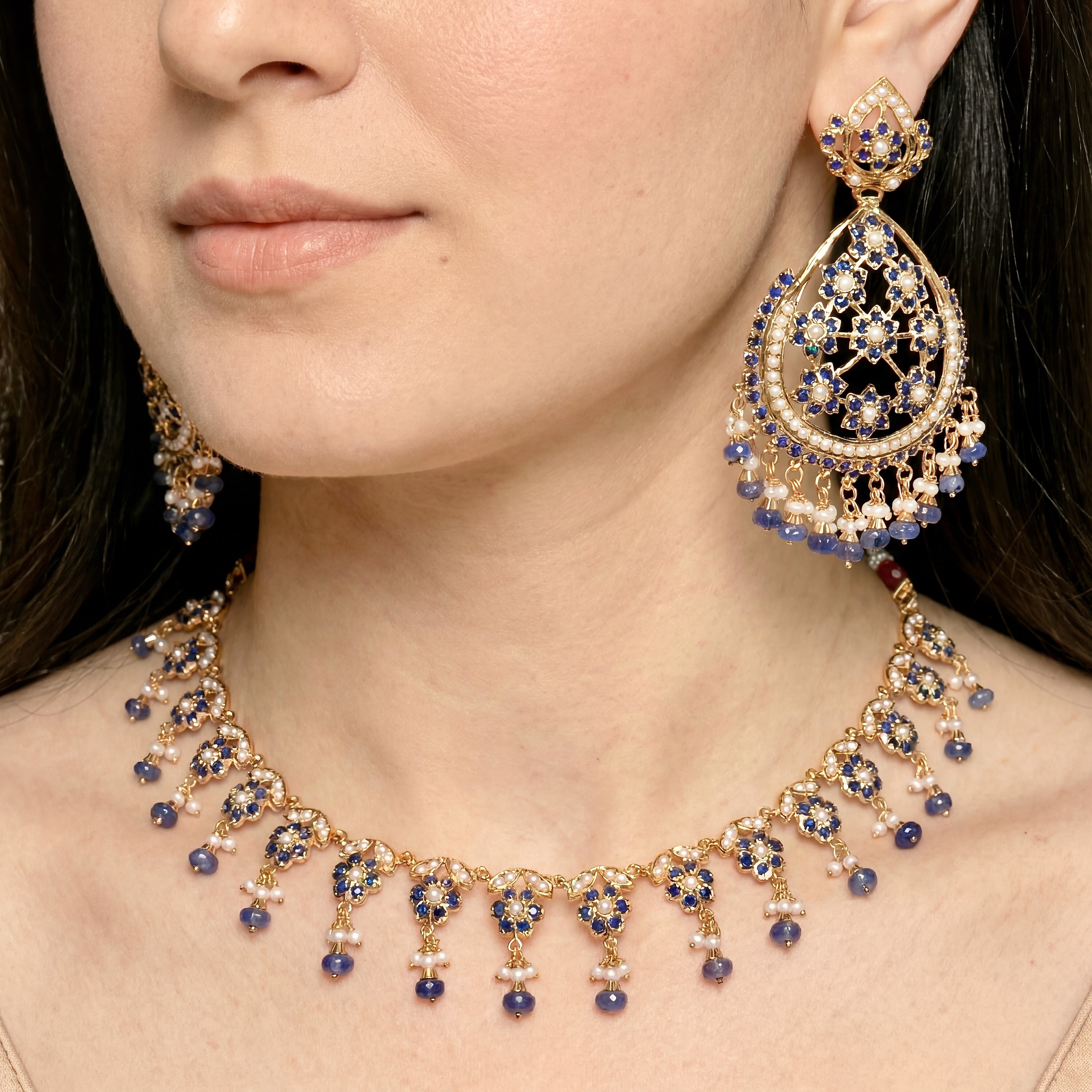 Sleek Necklace with Large Earrings | Premium Indian Fashion Jewelry on Gold Plated Silver NS 409