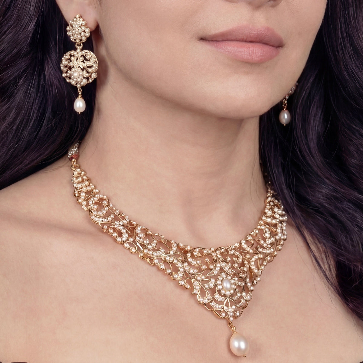 Indian Pearl Necklace Set on Silver Base | Antique Edwardian Style Design NS 395