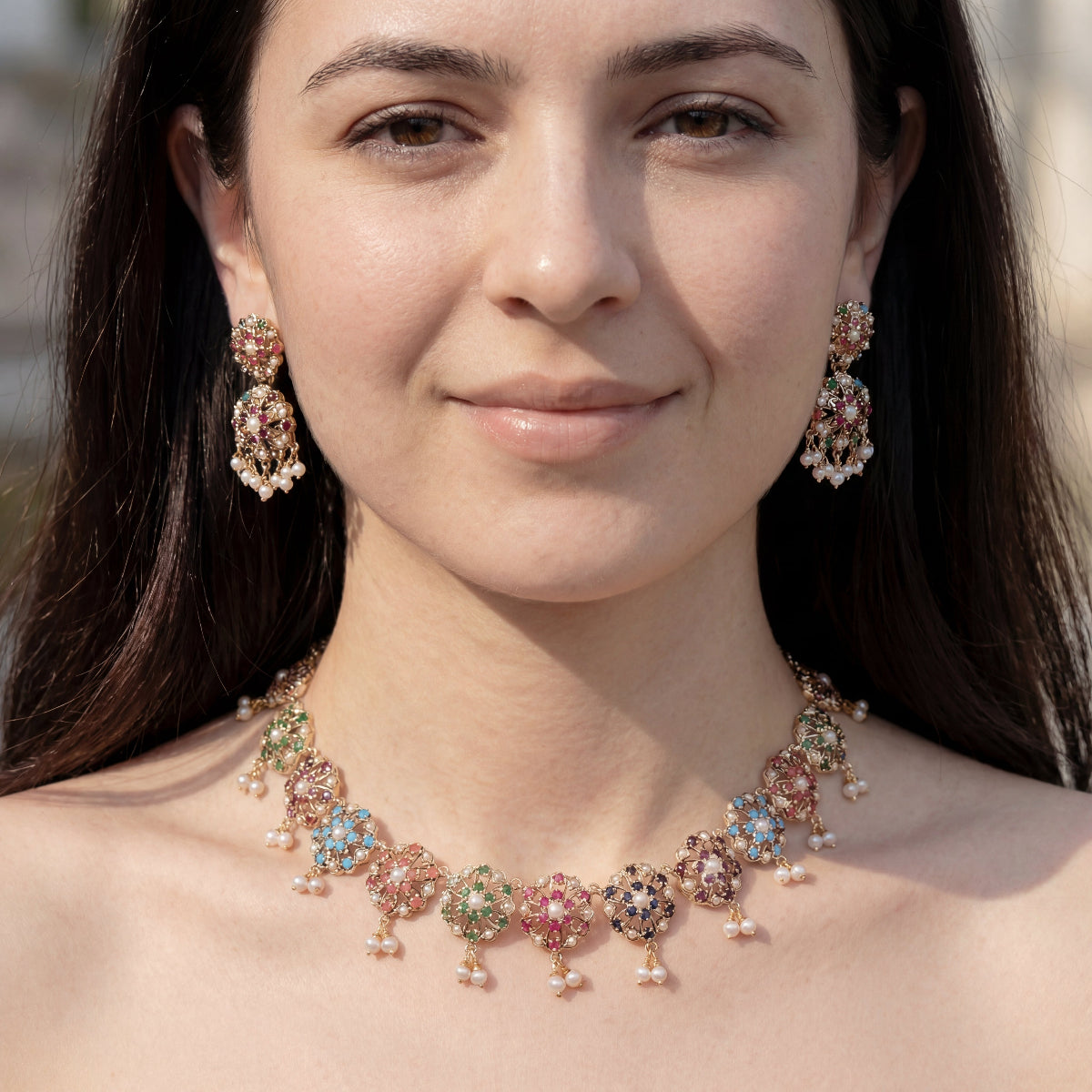 Cute Navratan Necklace Set | 925 Silver Gold Plated NS 372