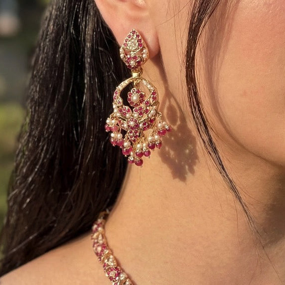 Ruby Pearl Jadau Necklace Set | Gold Plated on Silver NS 393