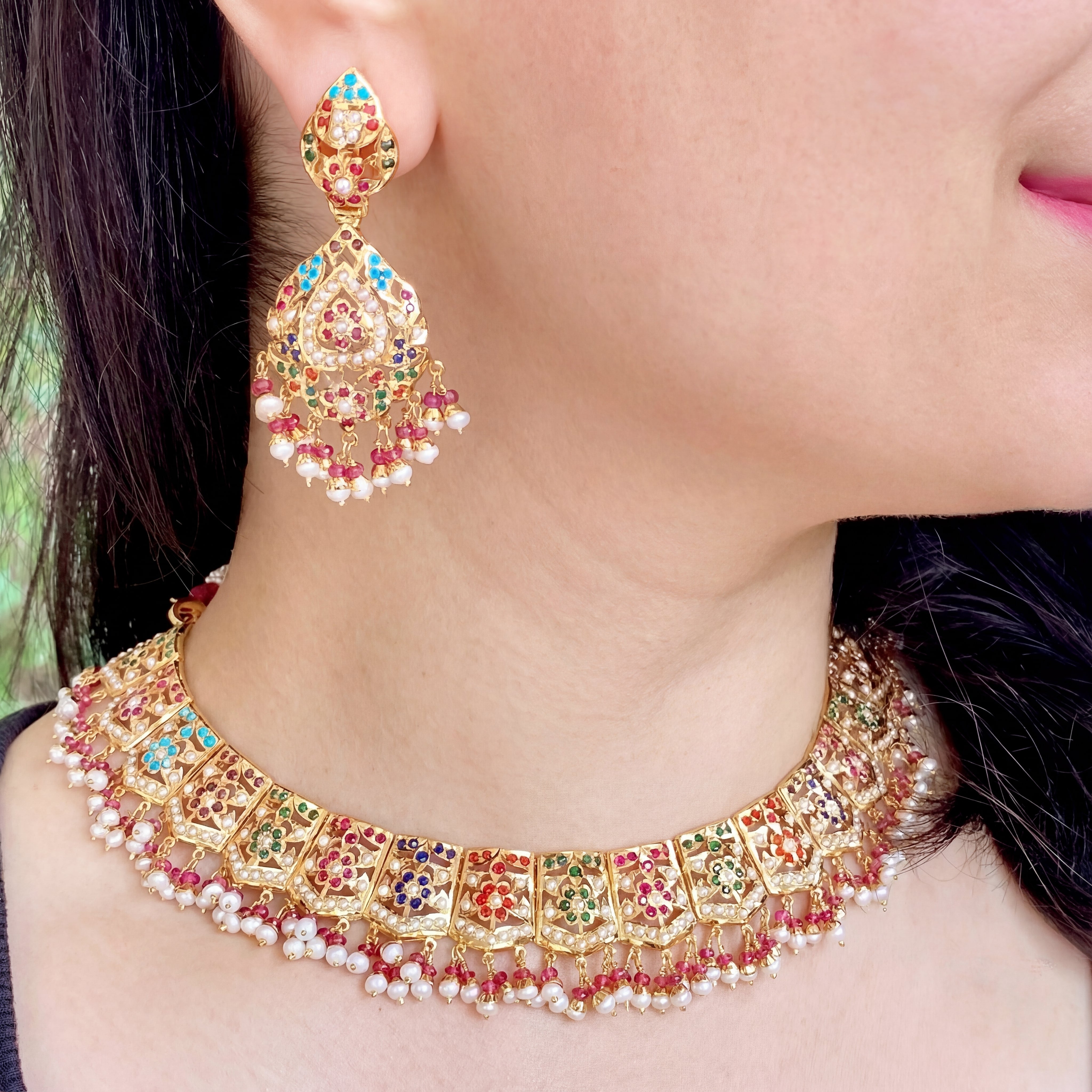Heritage Indian Jadau Jewellery | Gold Plated Navaratna Necklace Set | 92.5 Silver NS 071