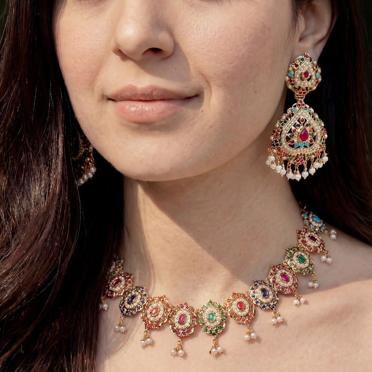 Jadau Navratan Set | Gold Plated on Pure Silver | Necklace with Large Earrings NS 375