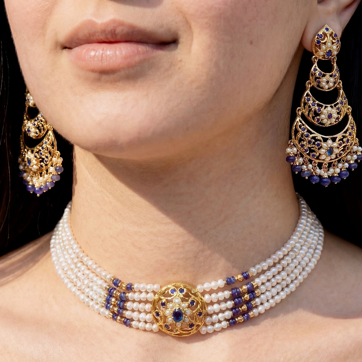 Sleek Choker with Earrings | Sapphire and Pearl Jewelry | Jadau Choker Set NS 268