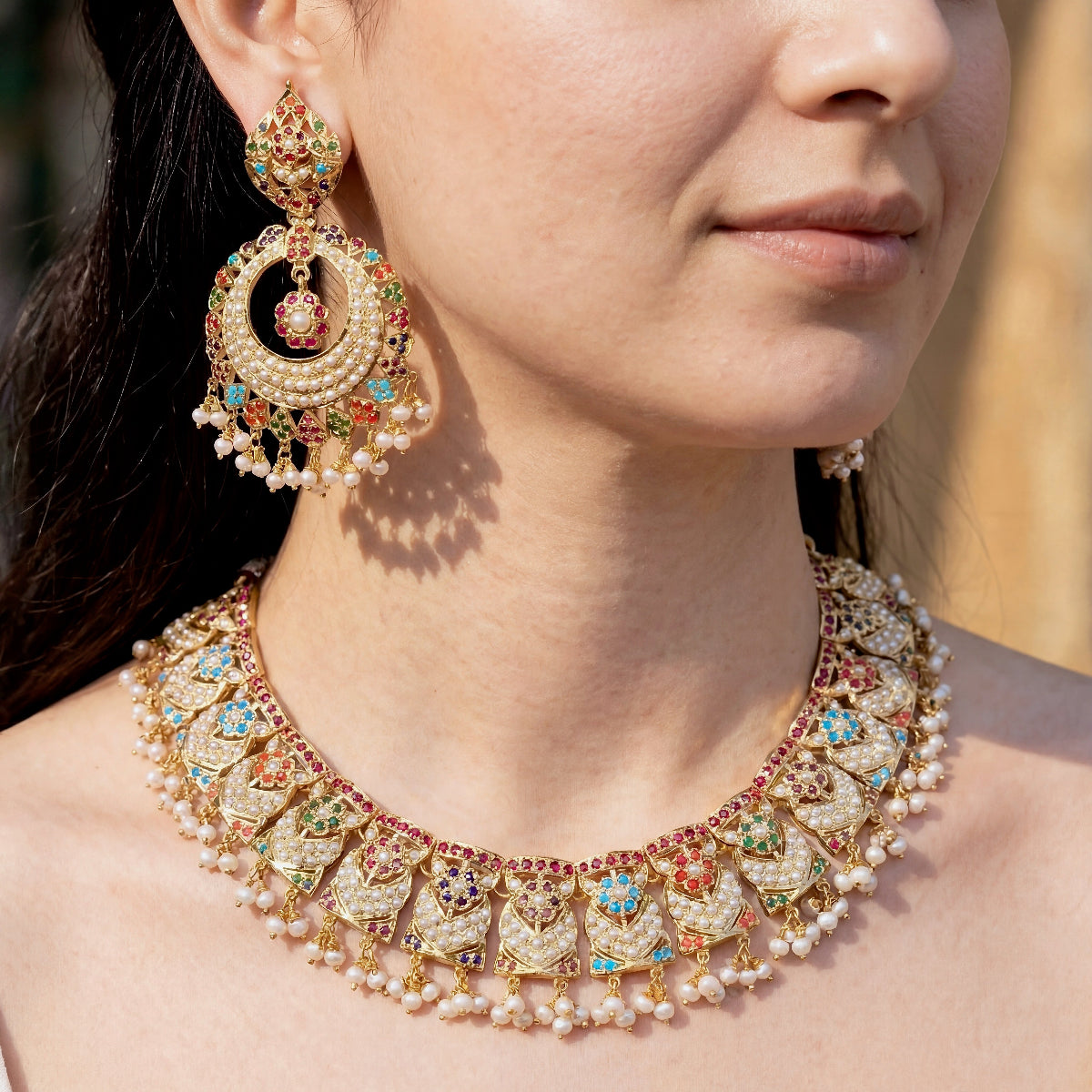 Indian Navaratna Jewellery Set | With Chandbali Earrings | Gold Plated Silver NS 147