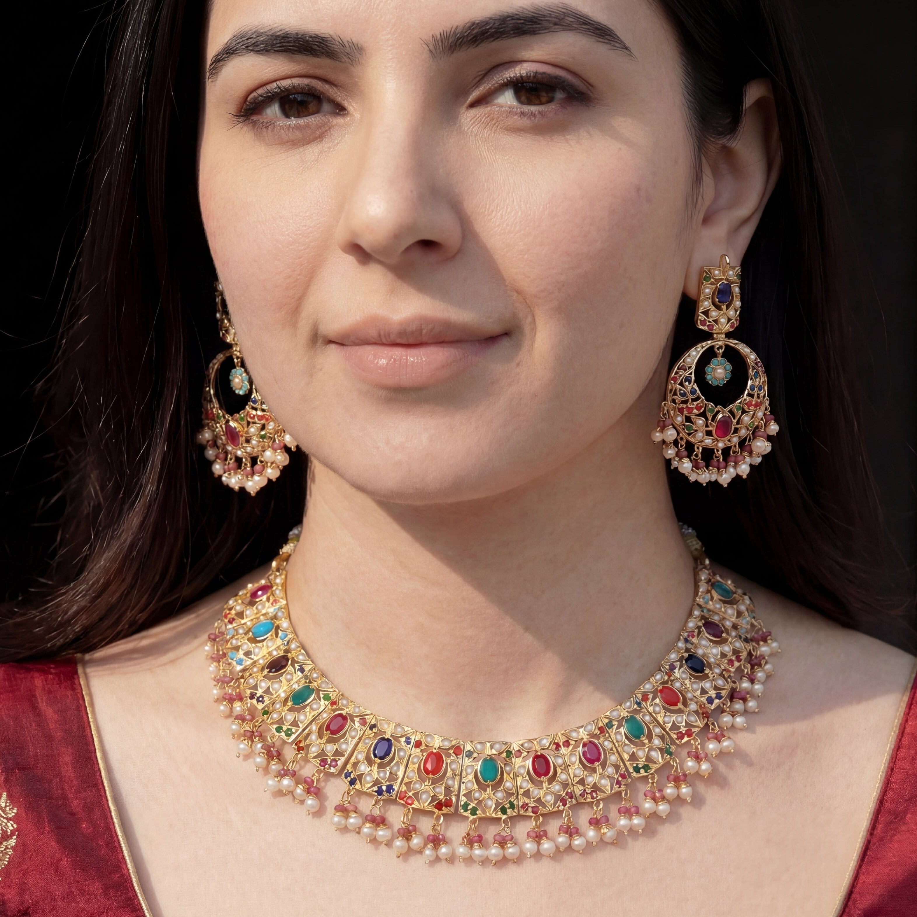 Navratan Necklace Set | Studded with Multi-Colours | Gold Polished Silver NS 106